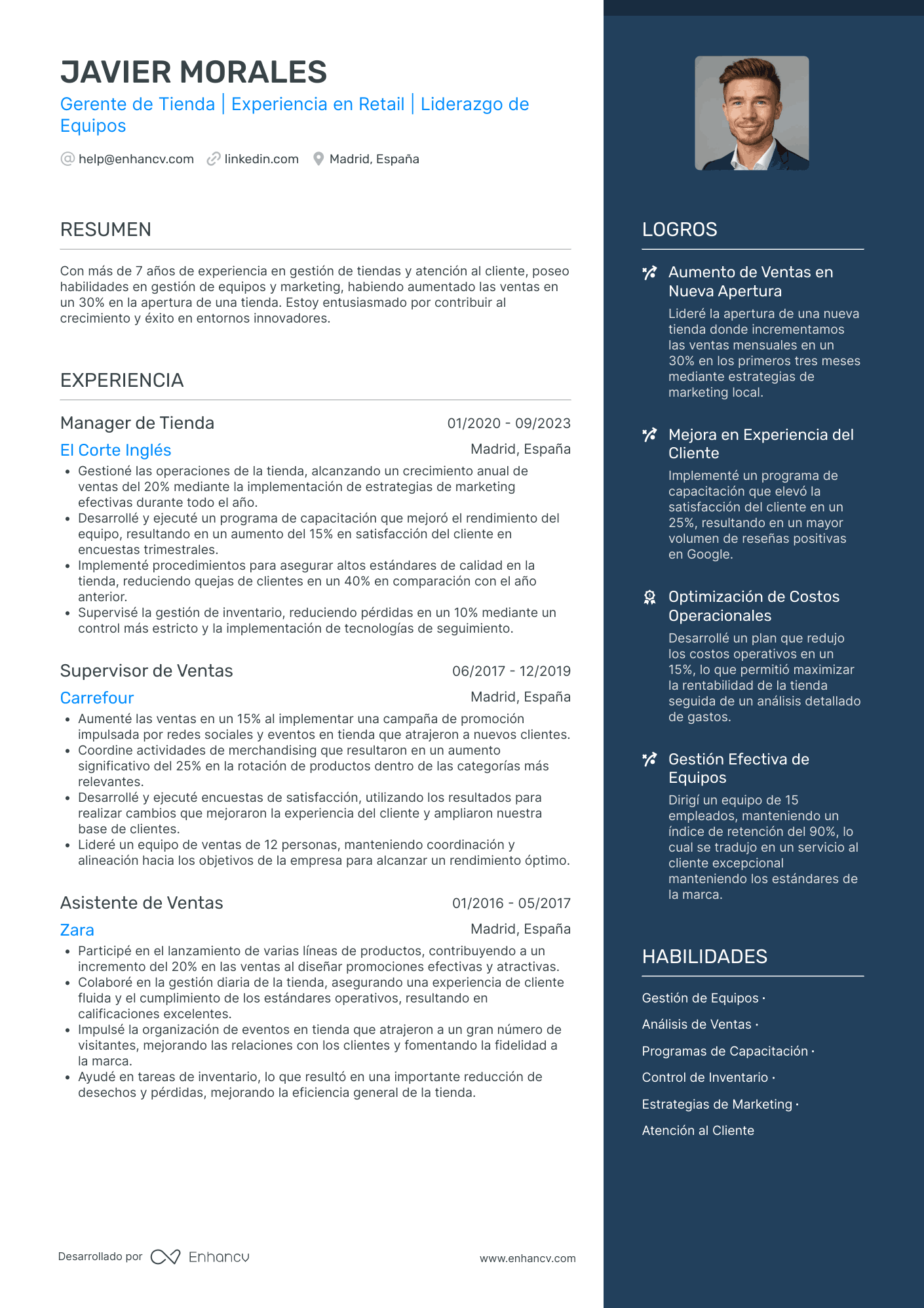 Currículum España de encargado de tienda