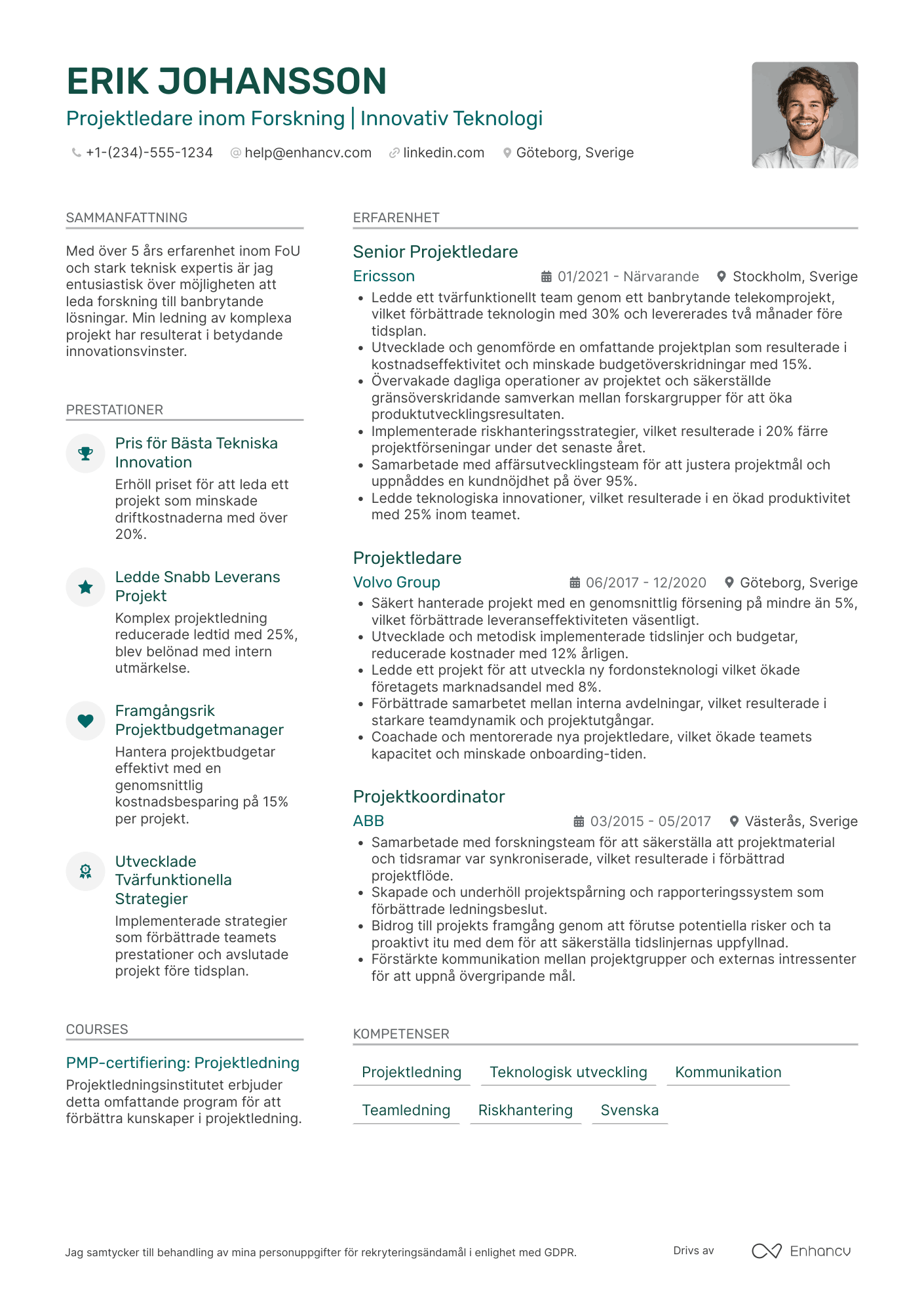 CV för Projektledare för forskning och utveckling