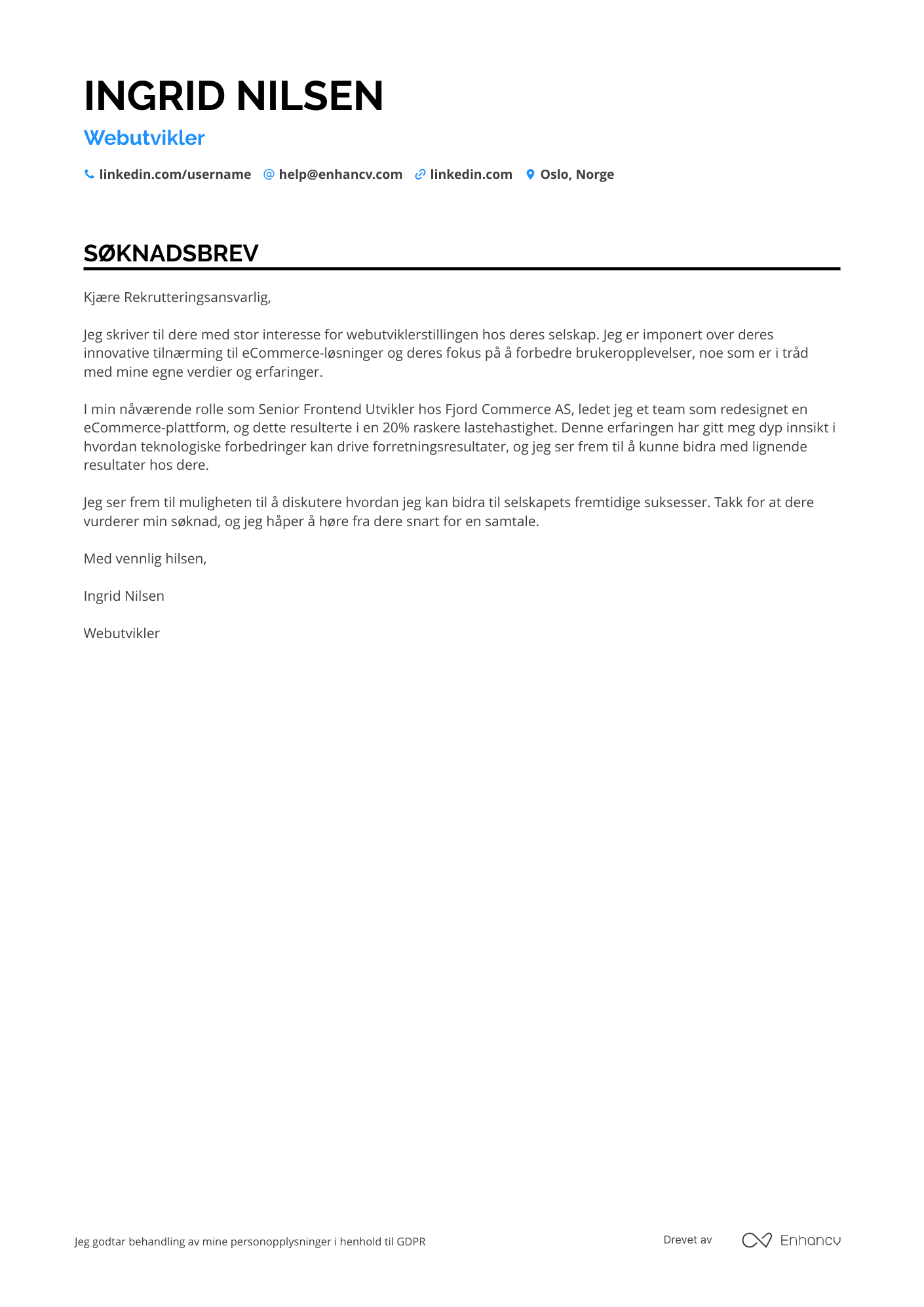 Søknadsbrev for Webutvikler i eCommerce