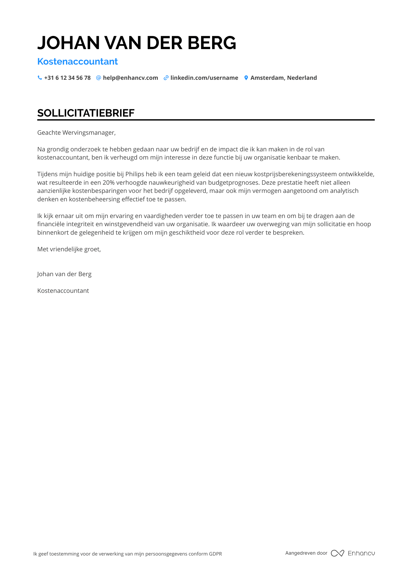 Sollicitatiebrief voor Kostenaccountant