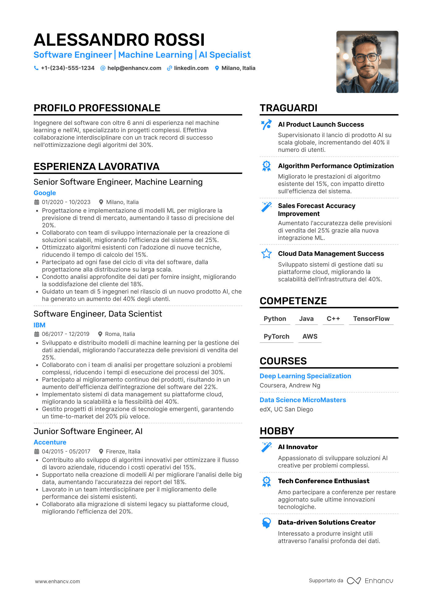 Esempio di CV software engineer machine learning