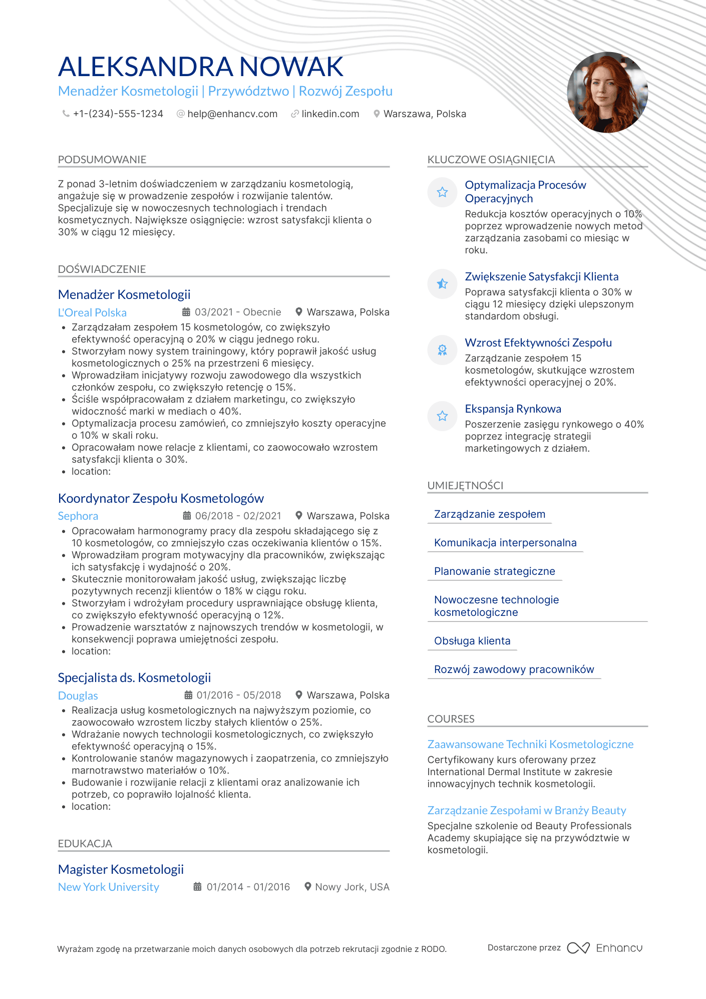CV dla Menadżer Kosmetologii