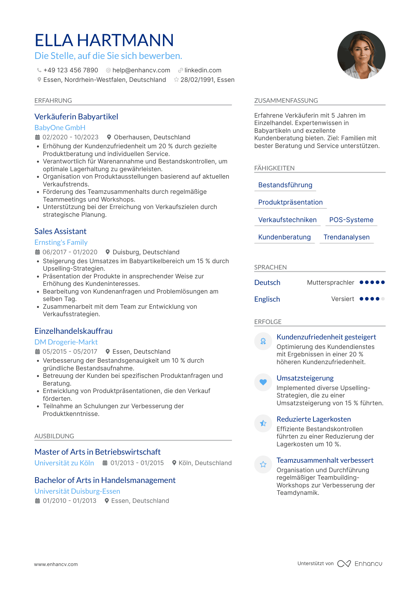 Lebenslauf als Verkäuferin für Babyartikel