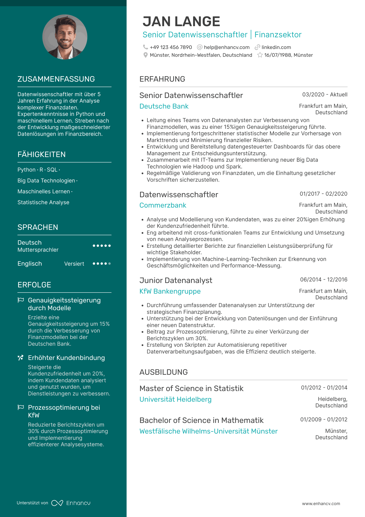 Lebenslauf in Datenwissenschaftler für Finanzsektor