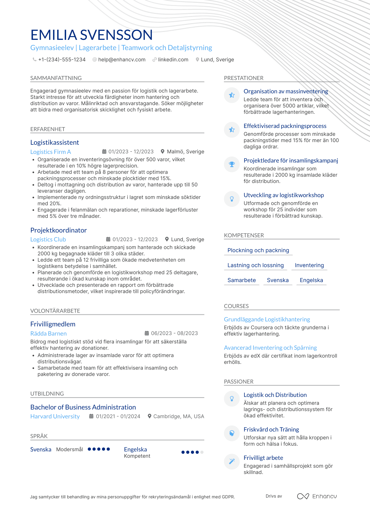 CV för Gymnasieelev Lagerarbetare