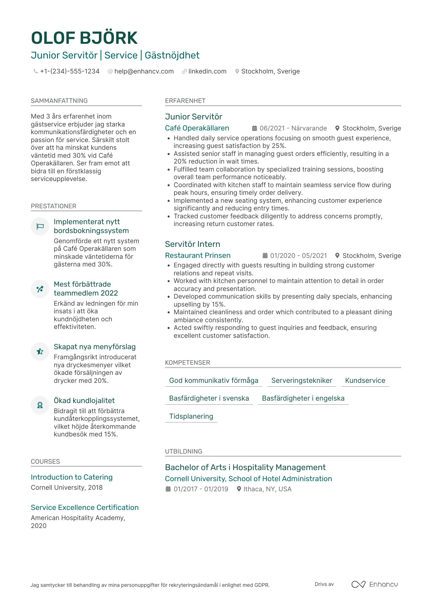 CV för Junior Servitris