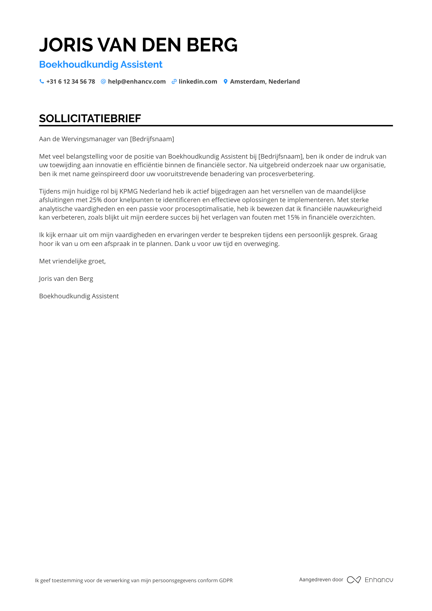 Sollicitatiebrief voor Boekhoudkundig Assistent Financiële Analyses