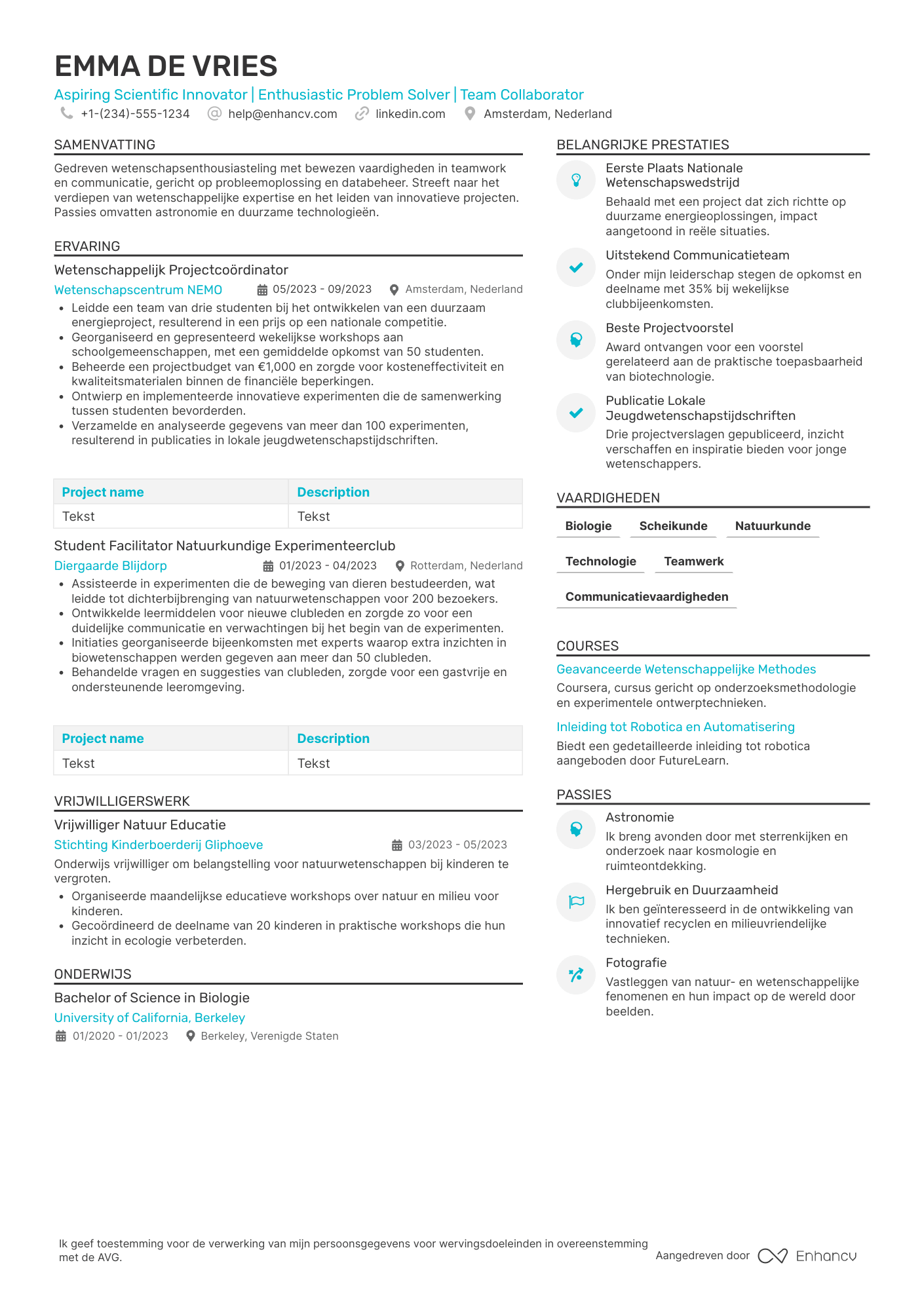 CV voor Middelbare School Student Science Club Member