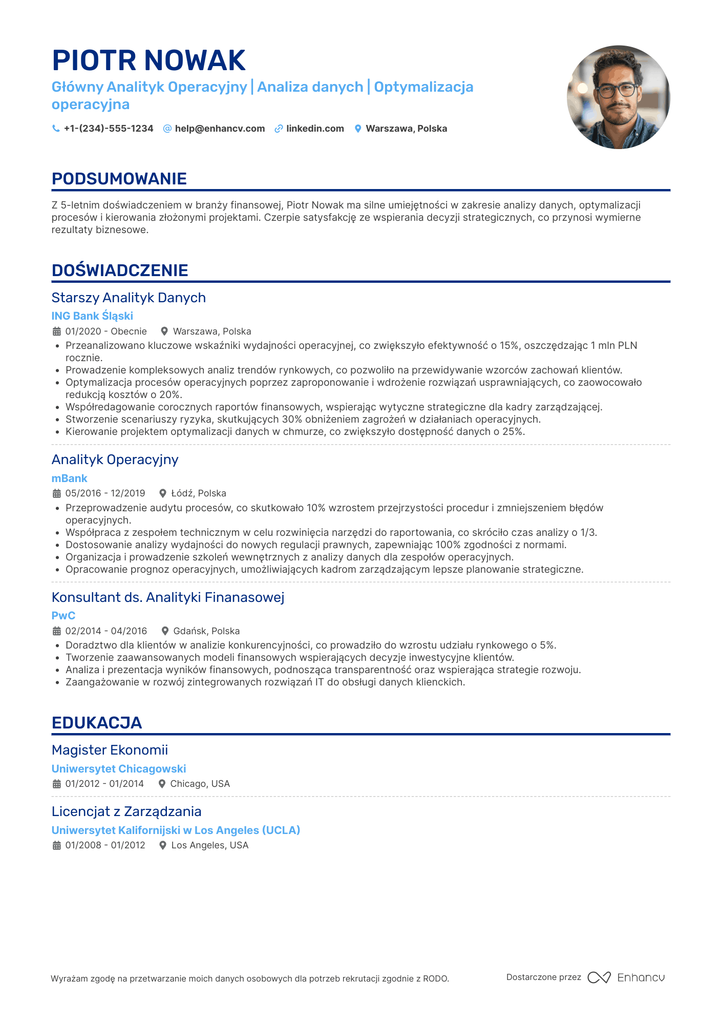 CV dla Główny Analityk Operacyjny