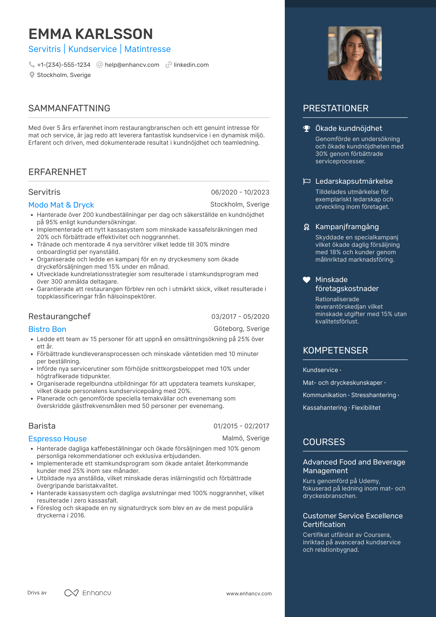 CV för Casual Dining Servitris