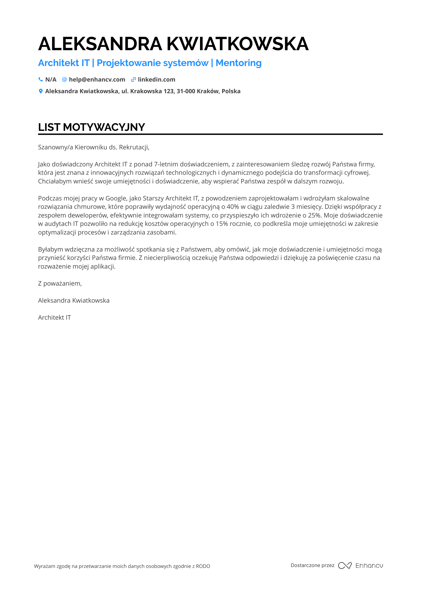 List motywacyjny dla Architekt IT