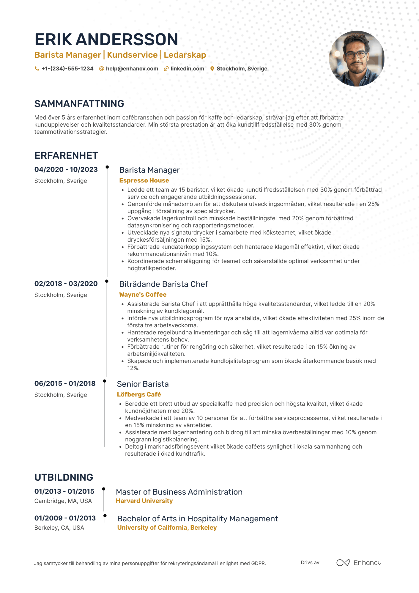 CV för Barista Manager