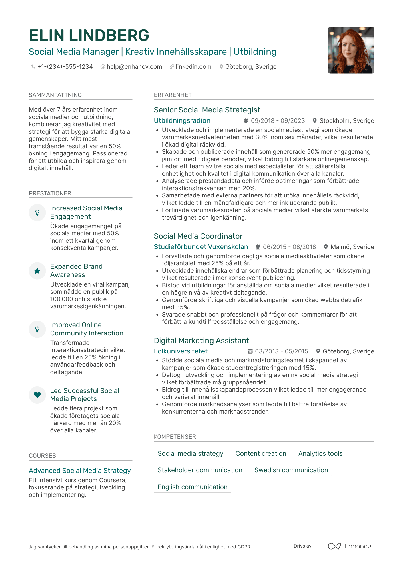 CV för Social Media Manager for Education
