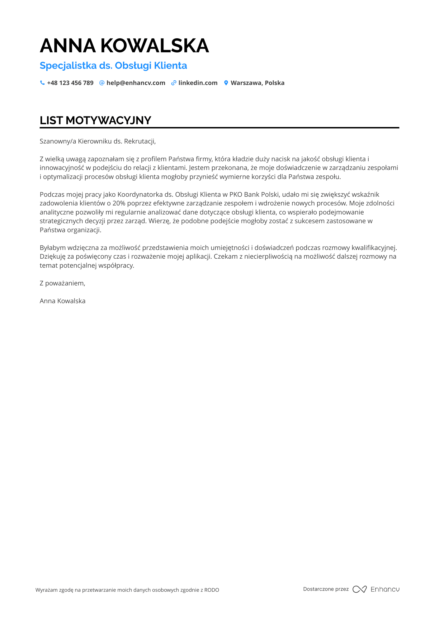 List motywacyjny dla Pracownik Biurowy ds. Obsługi Klienta