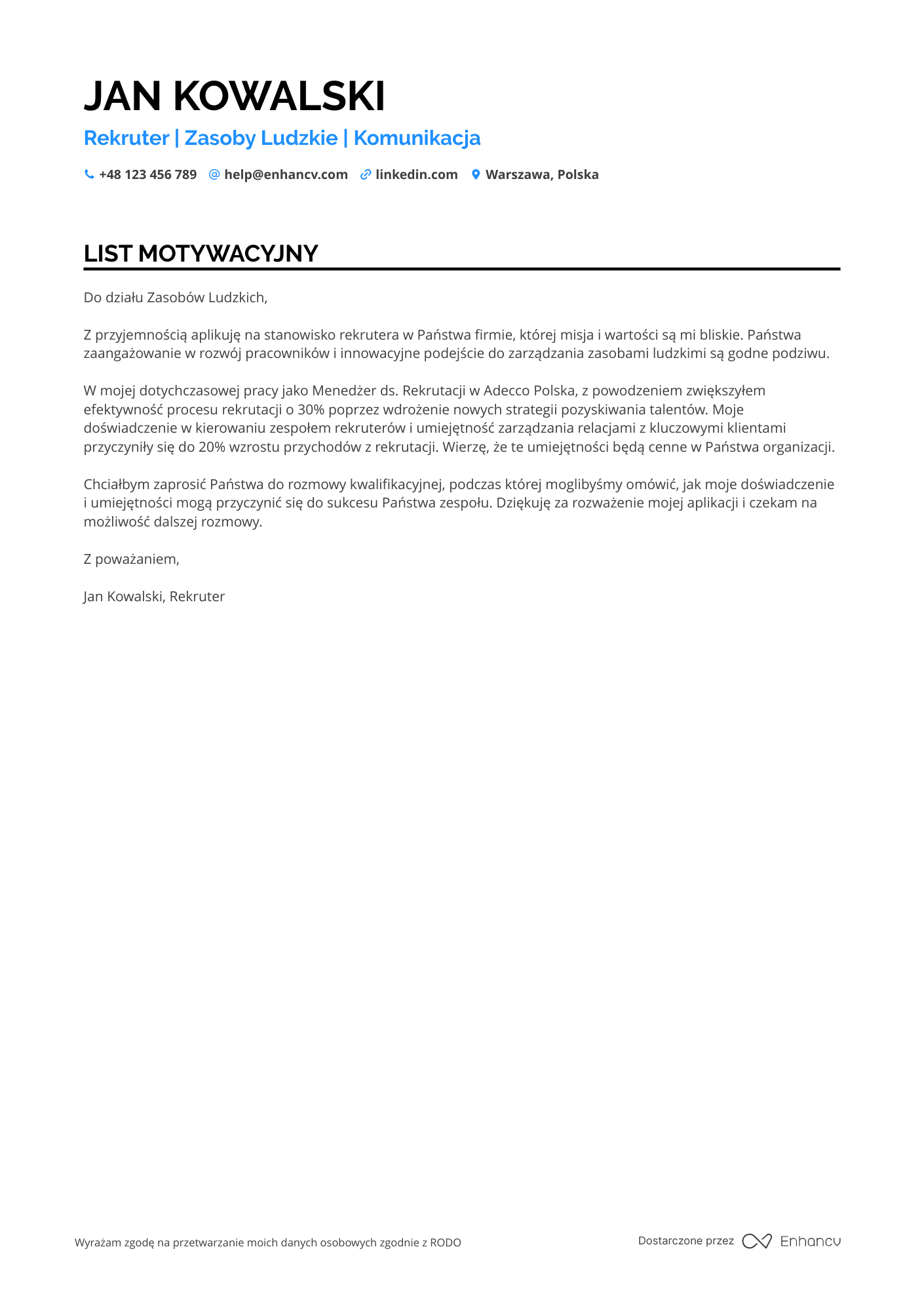 List motywacyjny dla Rekruter Stażysta
