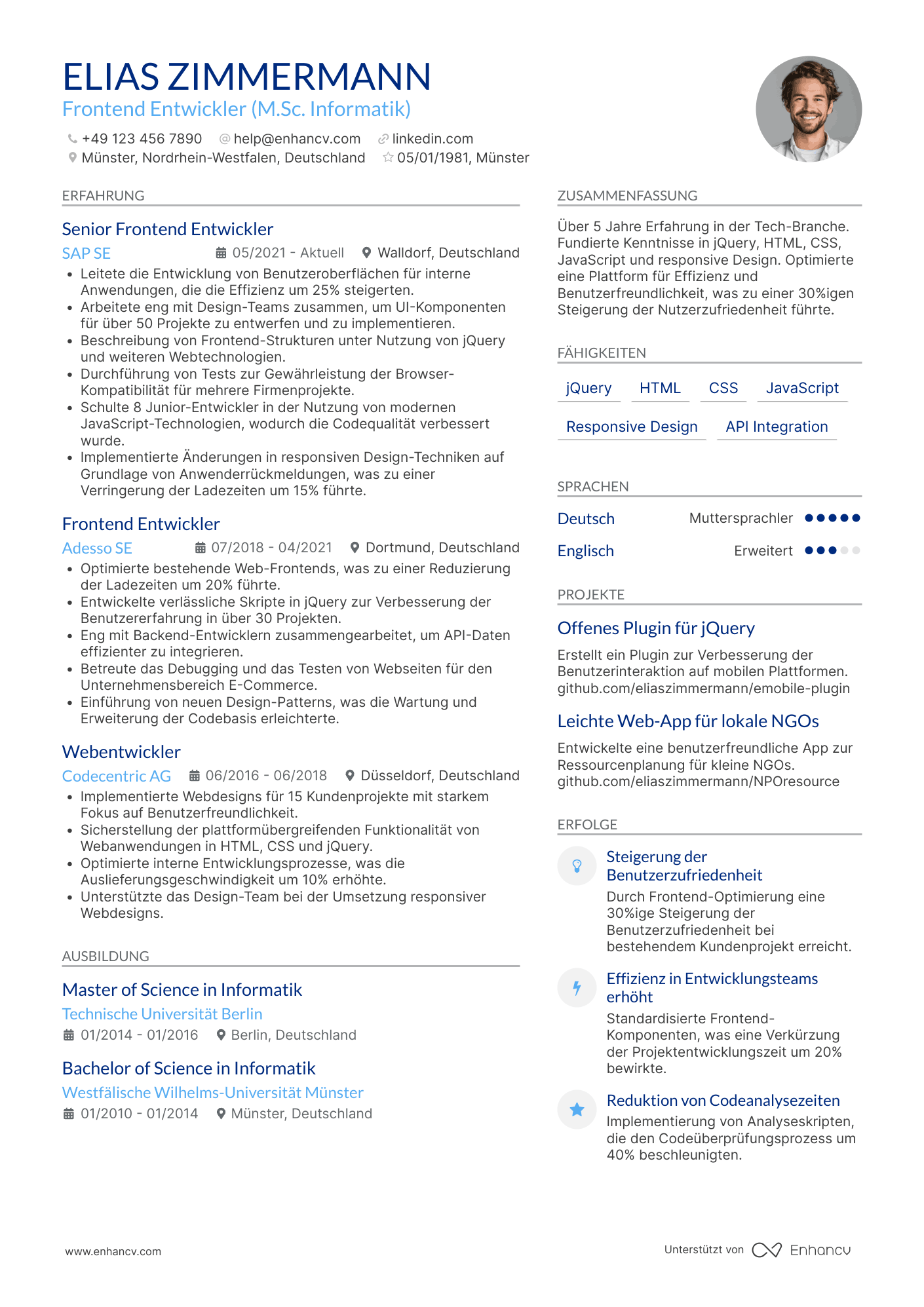 Lebenslauf als Frontend Entwickler für jQuery