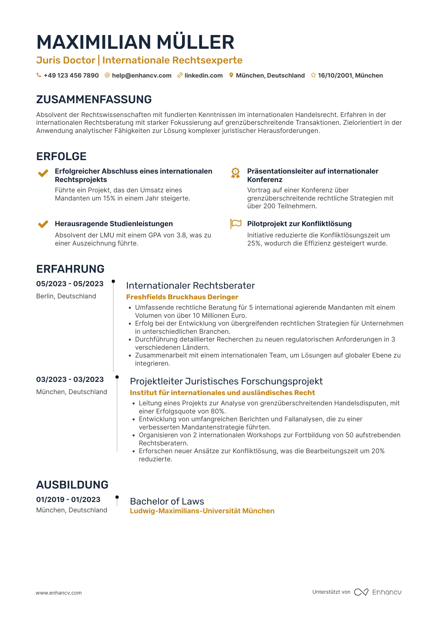 Lebenslauf als Internationale Rechtsberatung Jurist