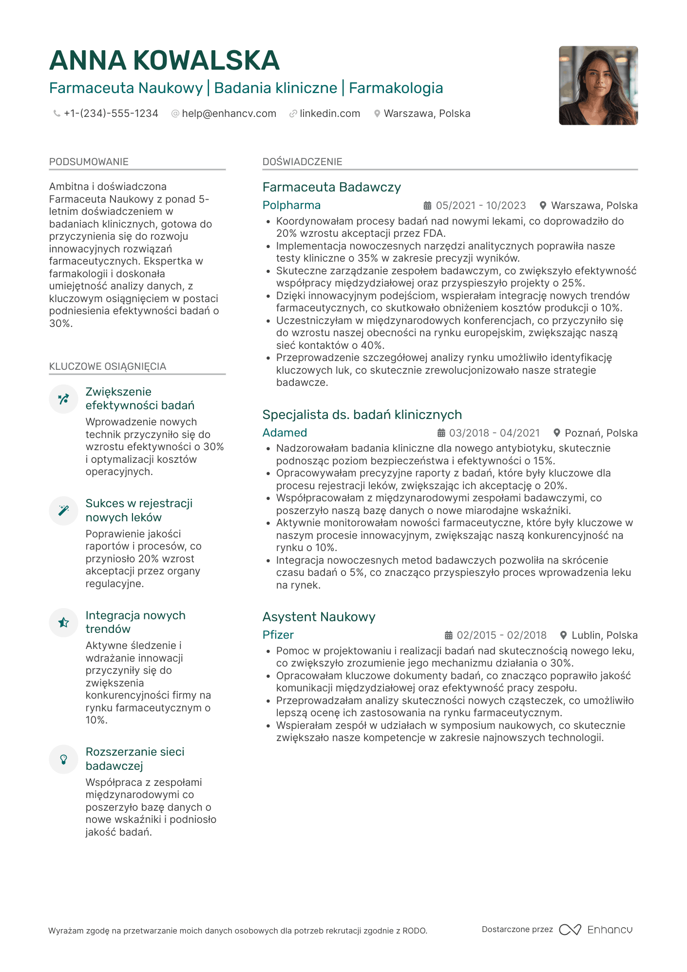 CV dla Farmaceuta Naukowy