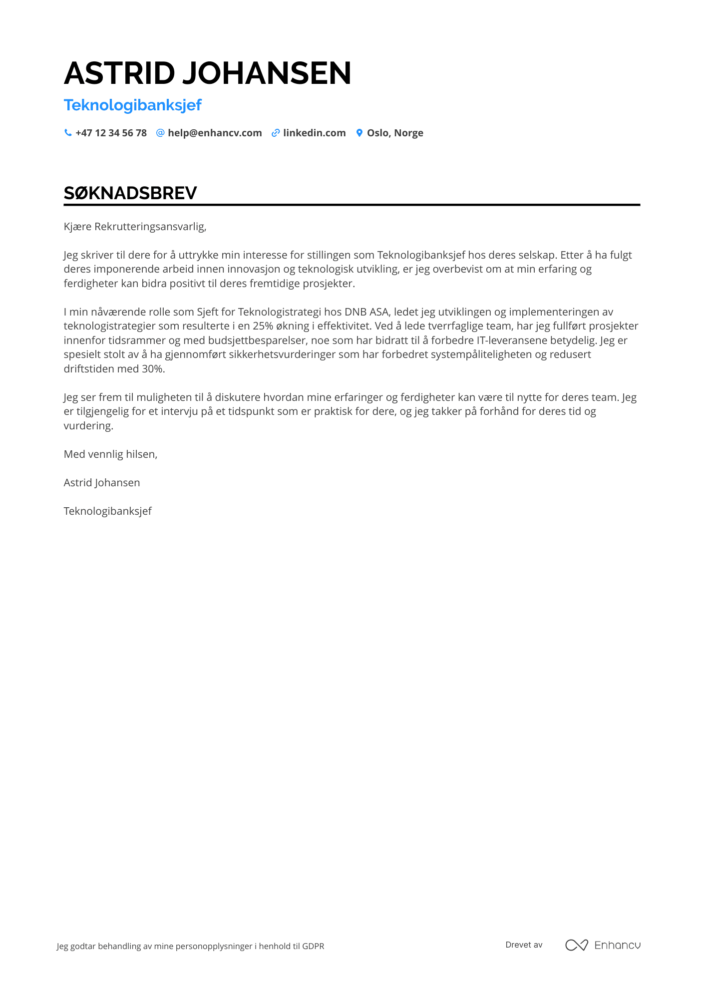 Søknadsbrev for Teknologibanksjef