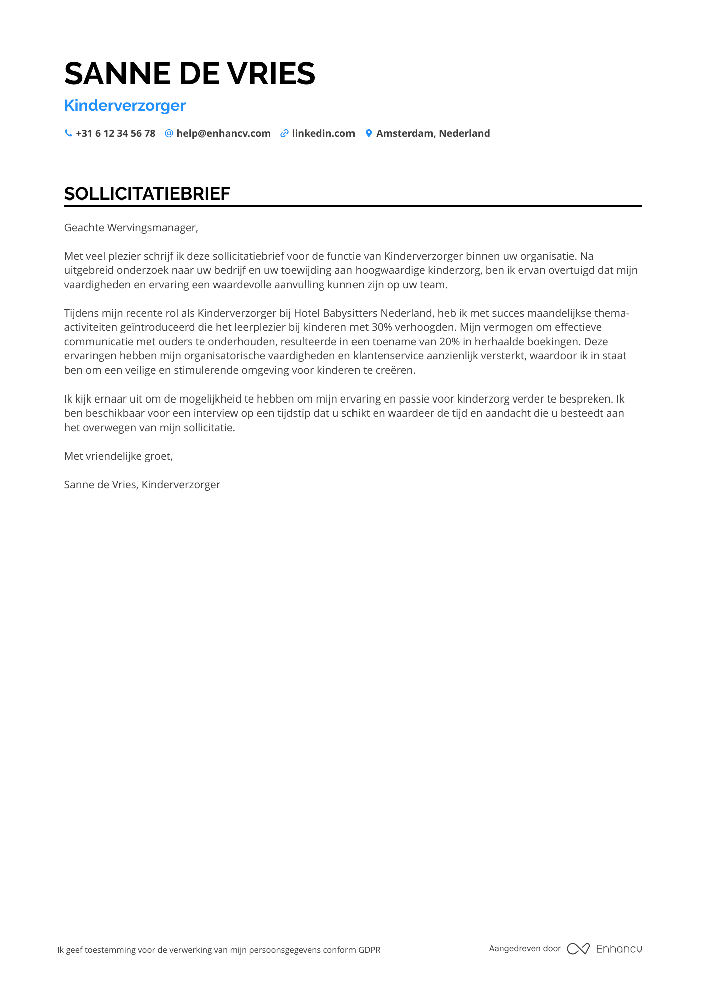 Sollicitatiebrief voor Oppas in Hotels