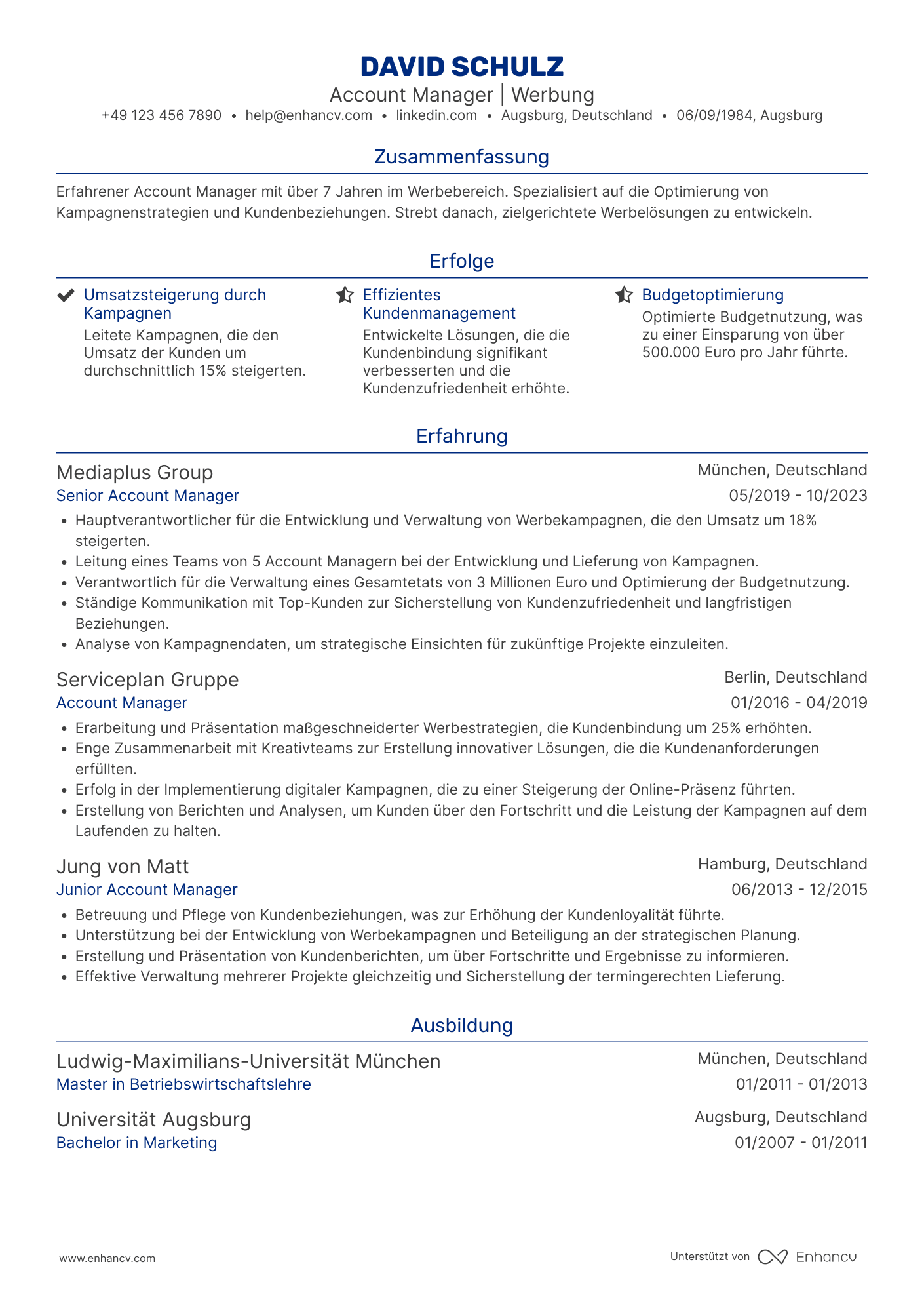 Lebenslauf in Account Manager für Werbung