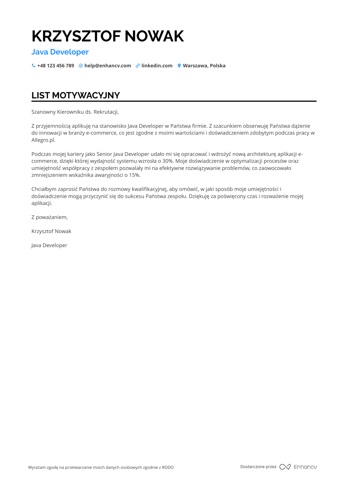 List motywacyjny dla Java Developer for Ecommerce
