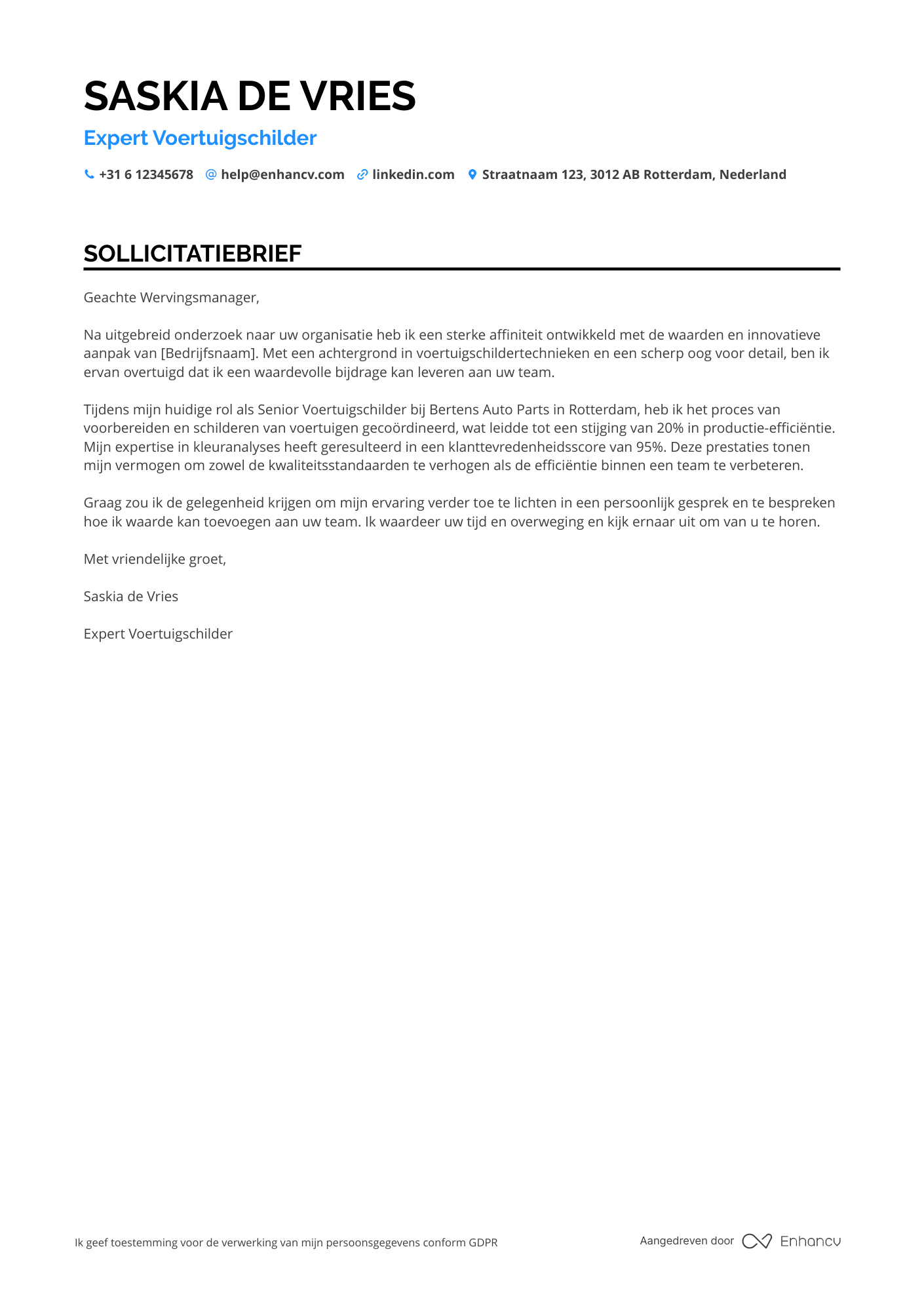 Sollicitatiebrief voor Voertuigschilder