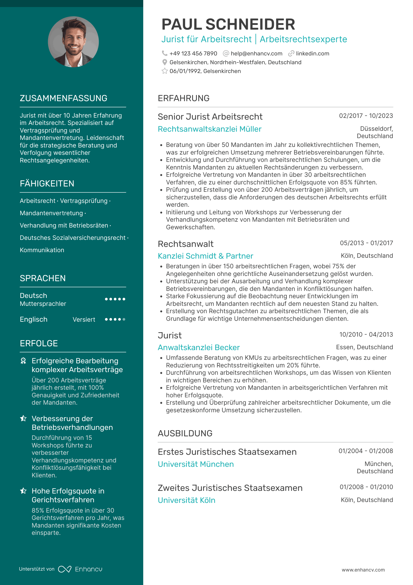 Lebenslauf als Jurist für Arbeitsrecht