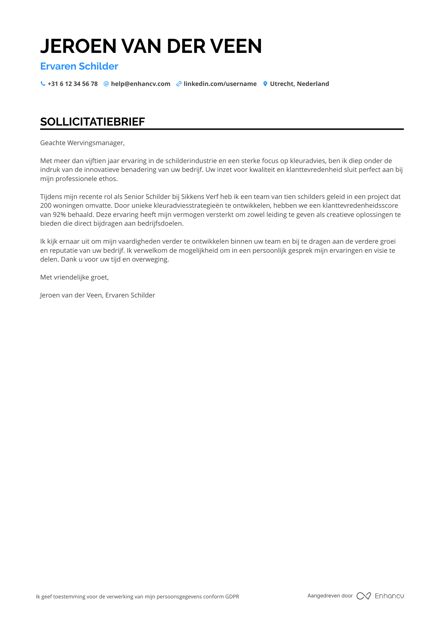 Sollicitatiebrief voor Ervaren Schilder