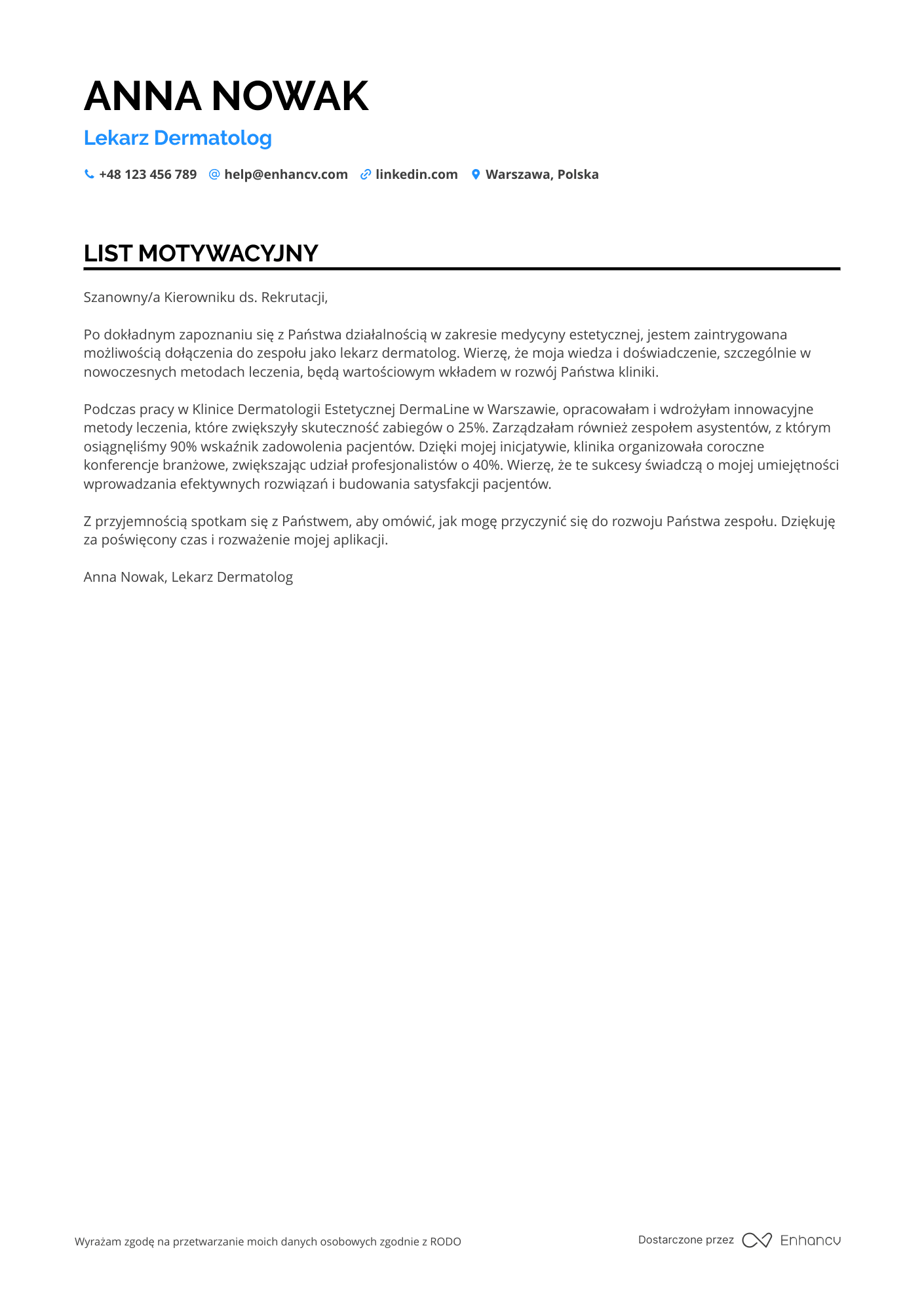 List motywacyjny dla Lekarz Dermatolog