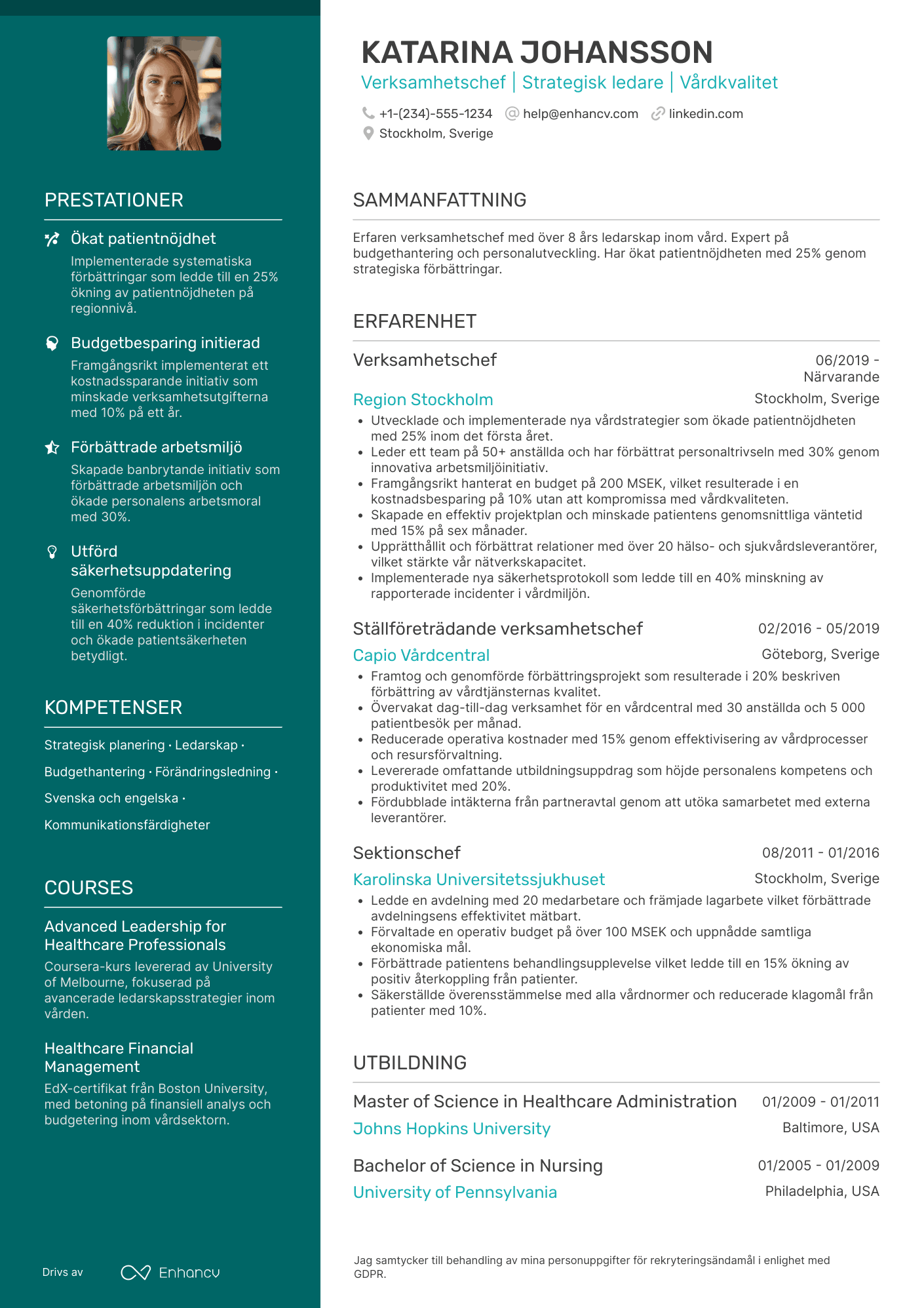 CV för Verksamhetschef för sjukvården