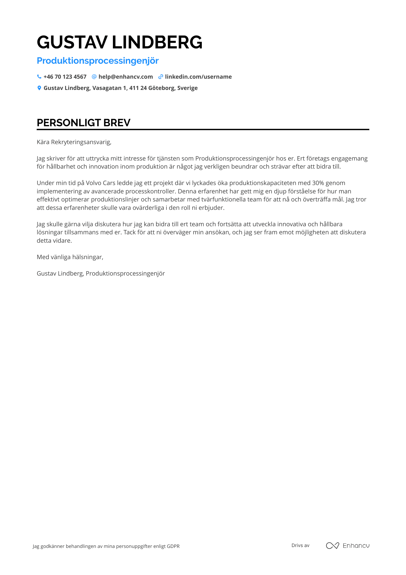 Personligt brev för Produktionsprocessingenjör