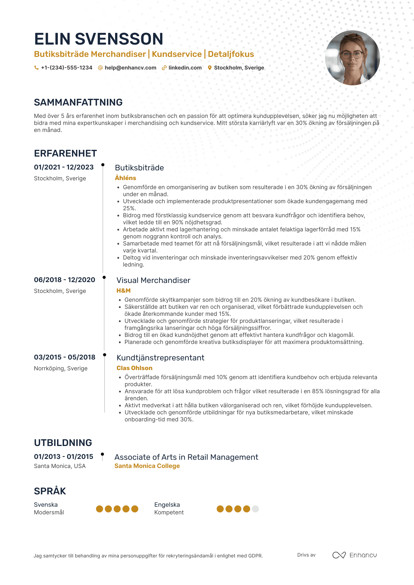 CV för Butiksbiträde Merchandiser
