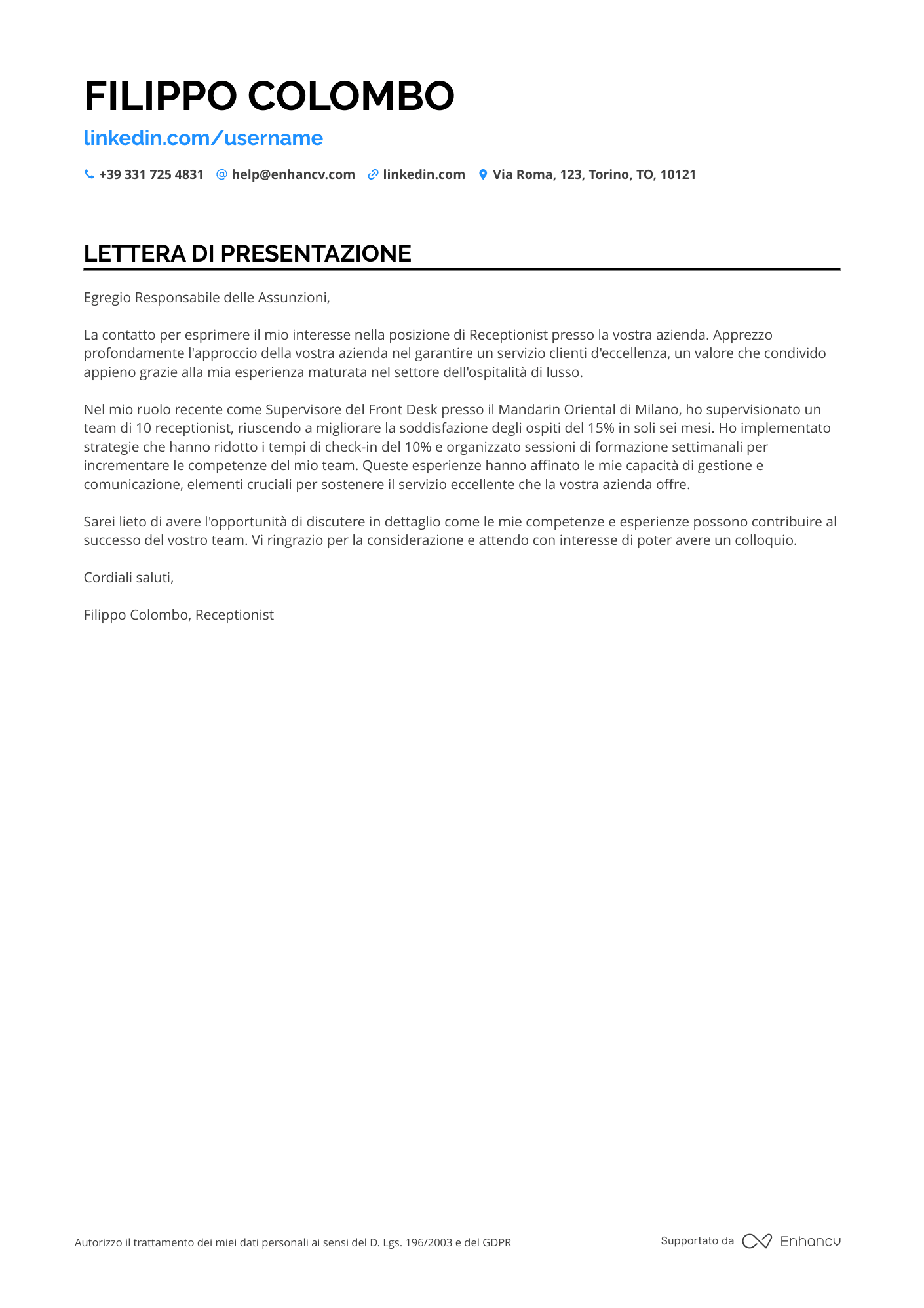 Receptionist Legale