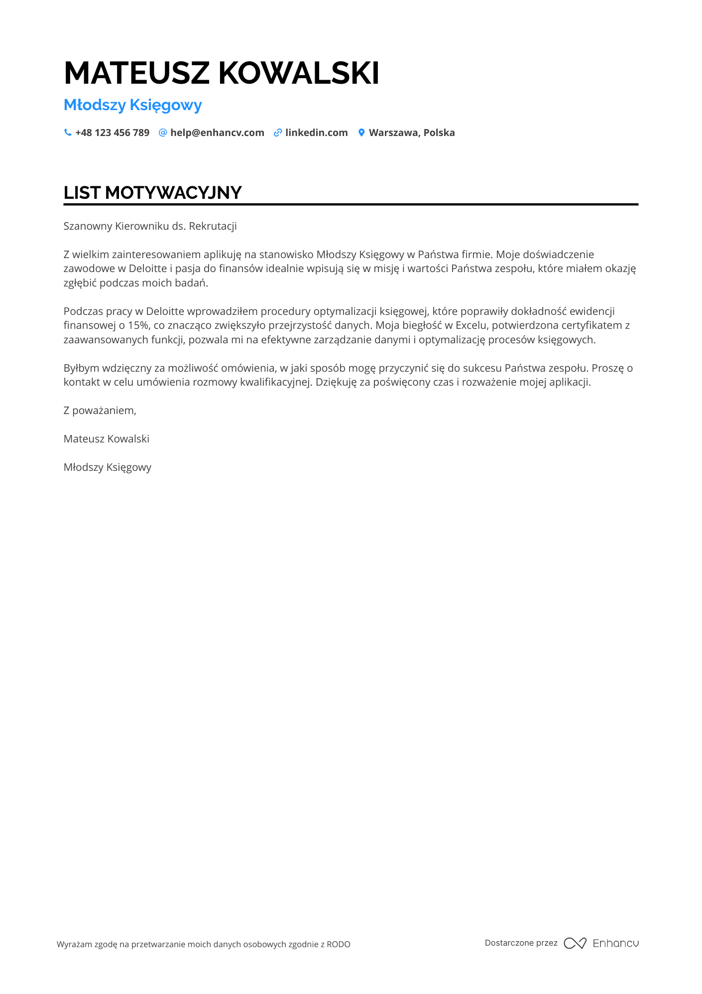 List motywacyjny dla Młodszy Księgowy