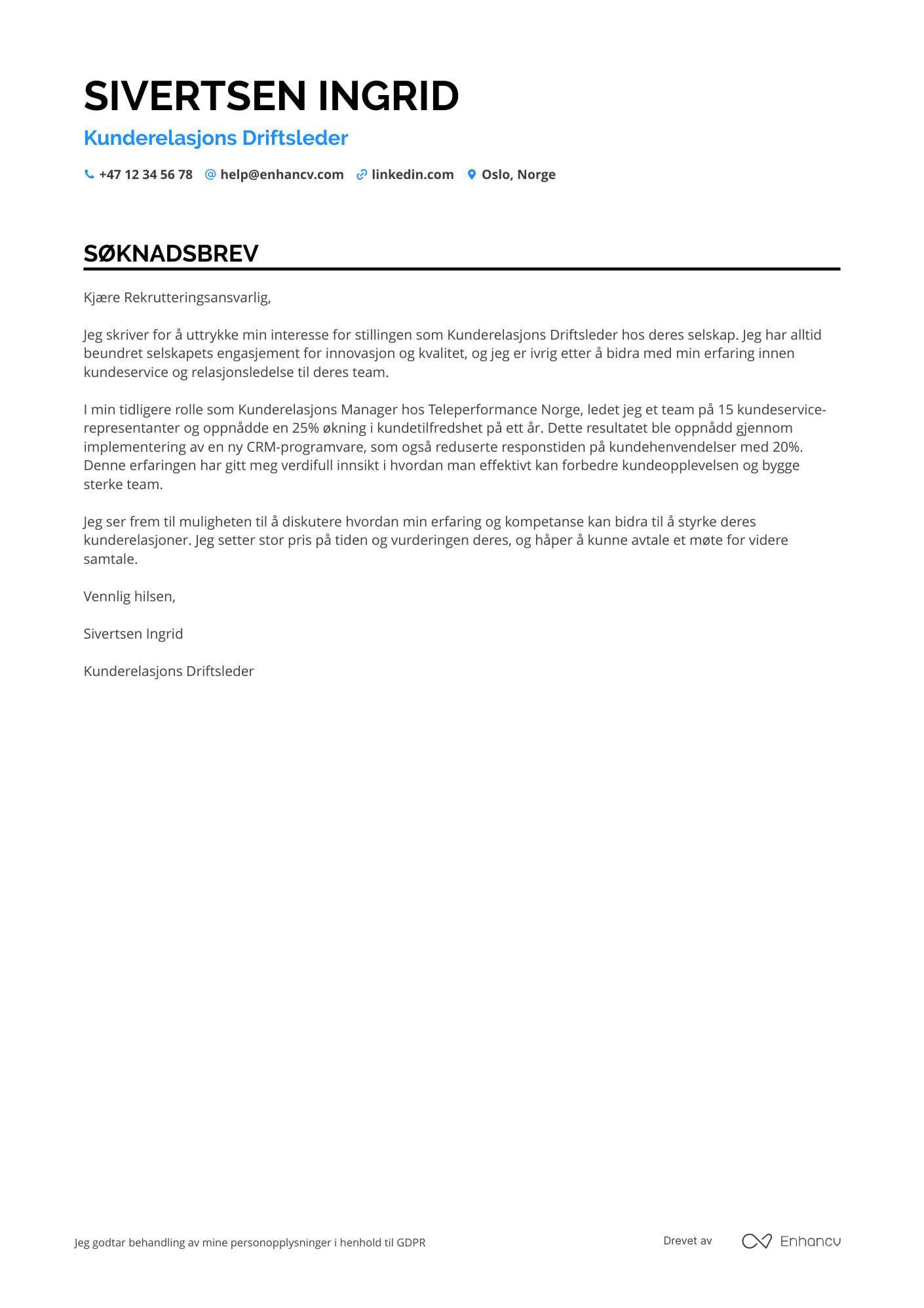 Søknadsbrev for Kunderelasjons Driftsleder
