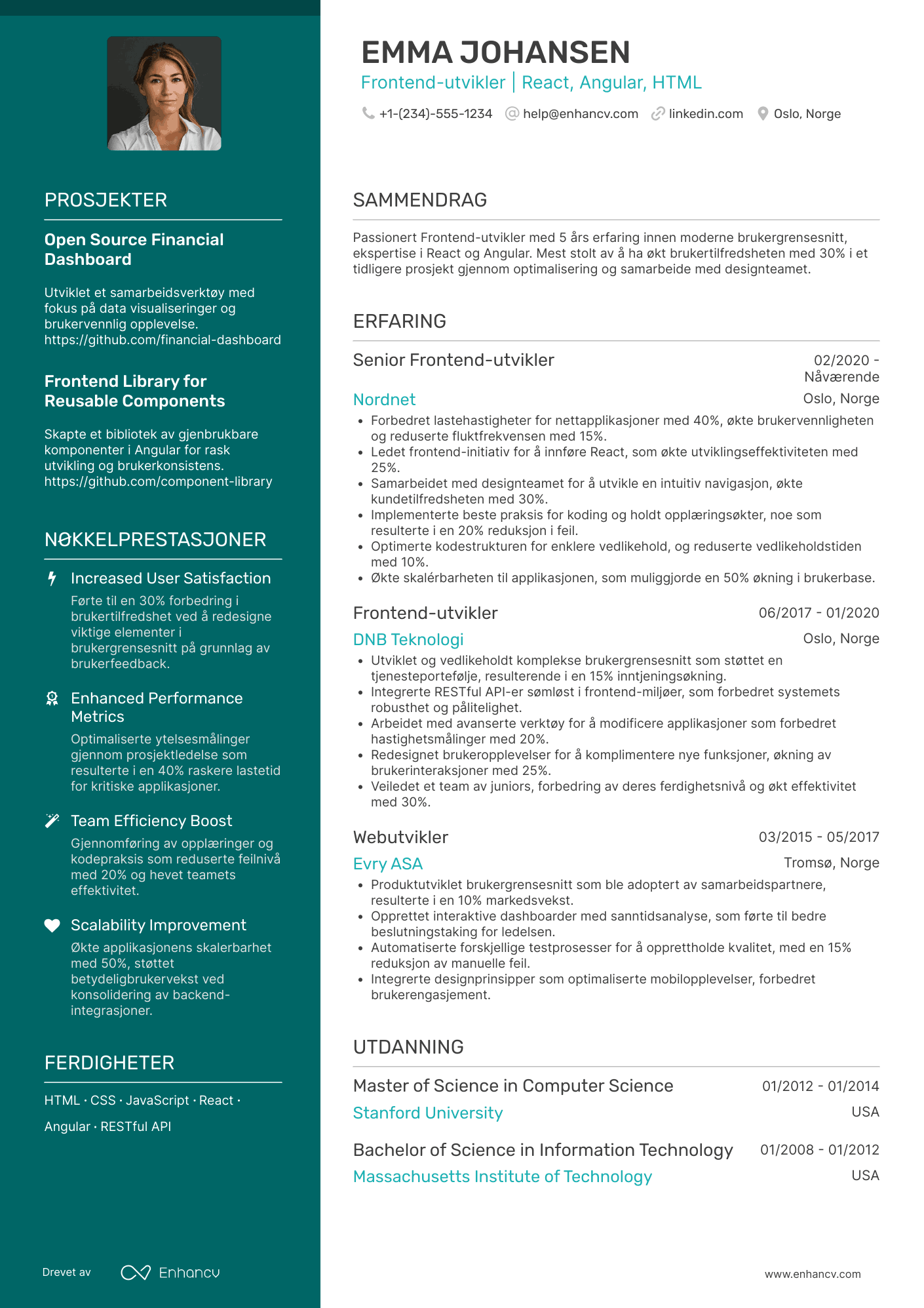 CV for Frontend‑utvikler i finans