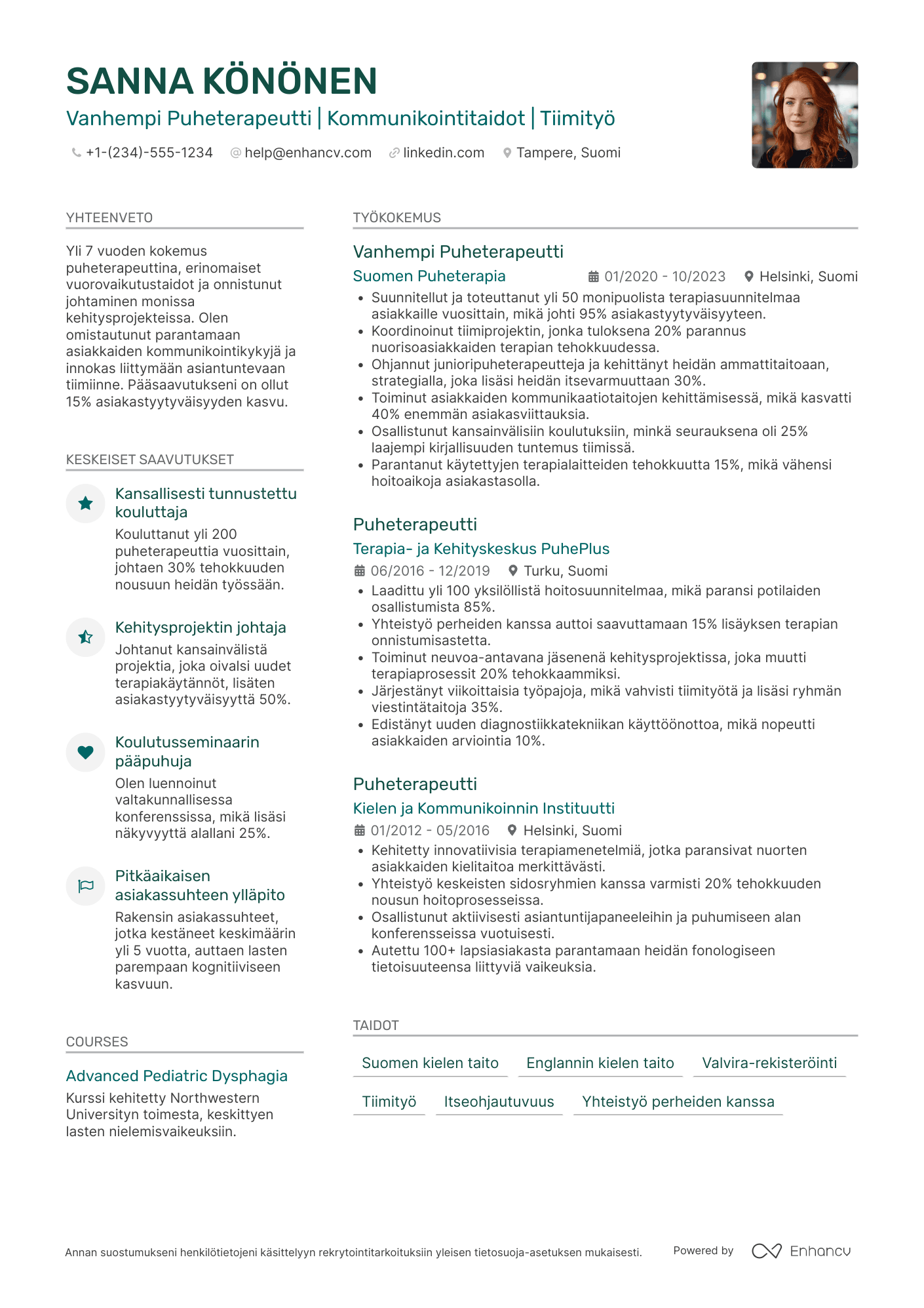 Ansioluettelo Vanhempi puheterapeutti