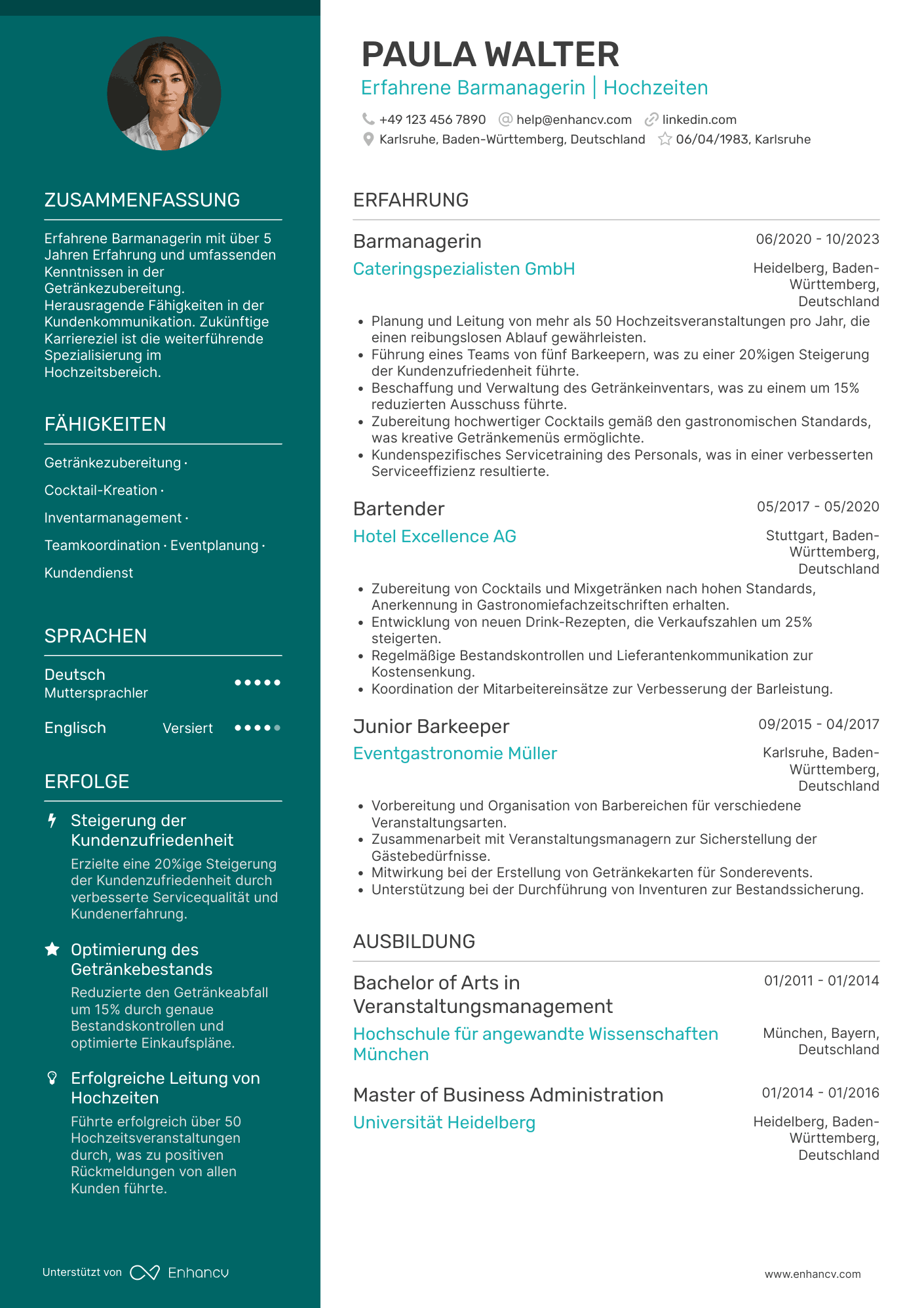 Lebenslauf als Barmann für Hochzeiten