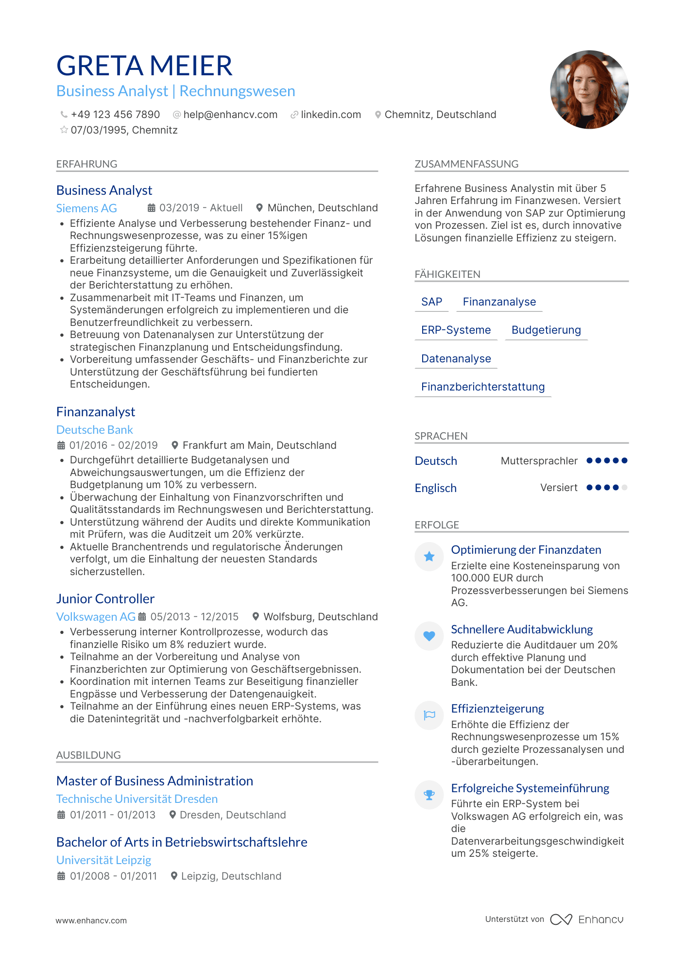 Lebenslauf als Business Analyst für Rechnungswesen