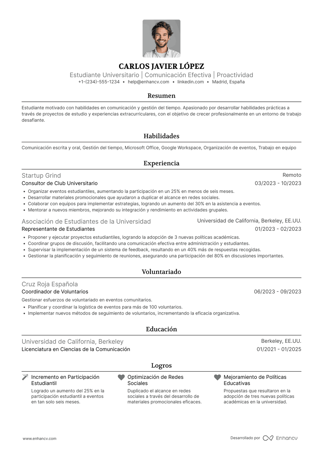 Ejemplo de CV de estudiante