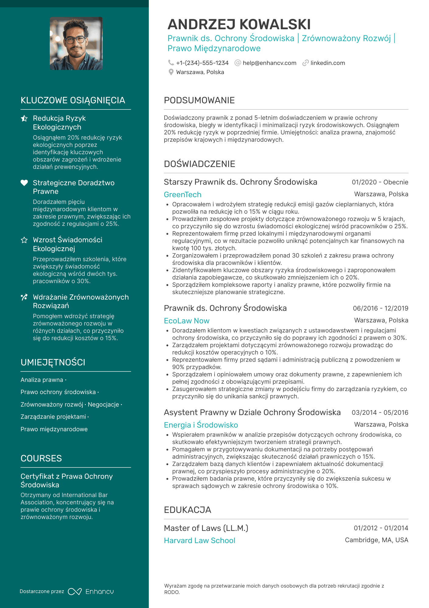 CV dla Prawnik ds. Ochrony Środowiska