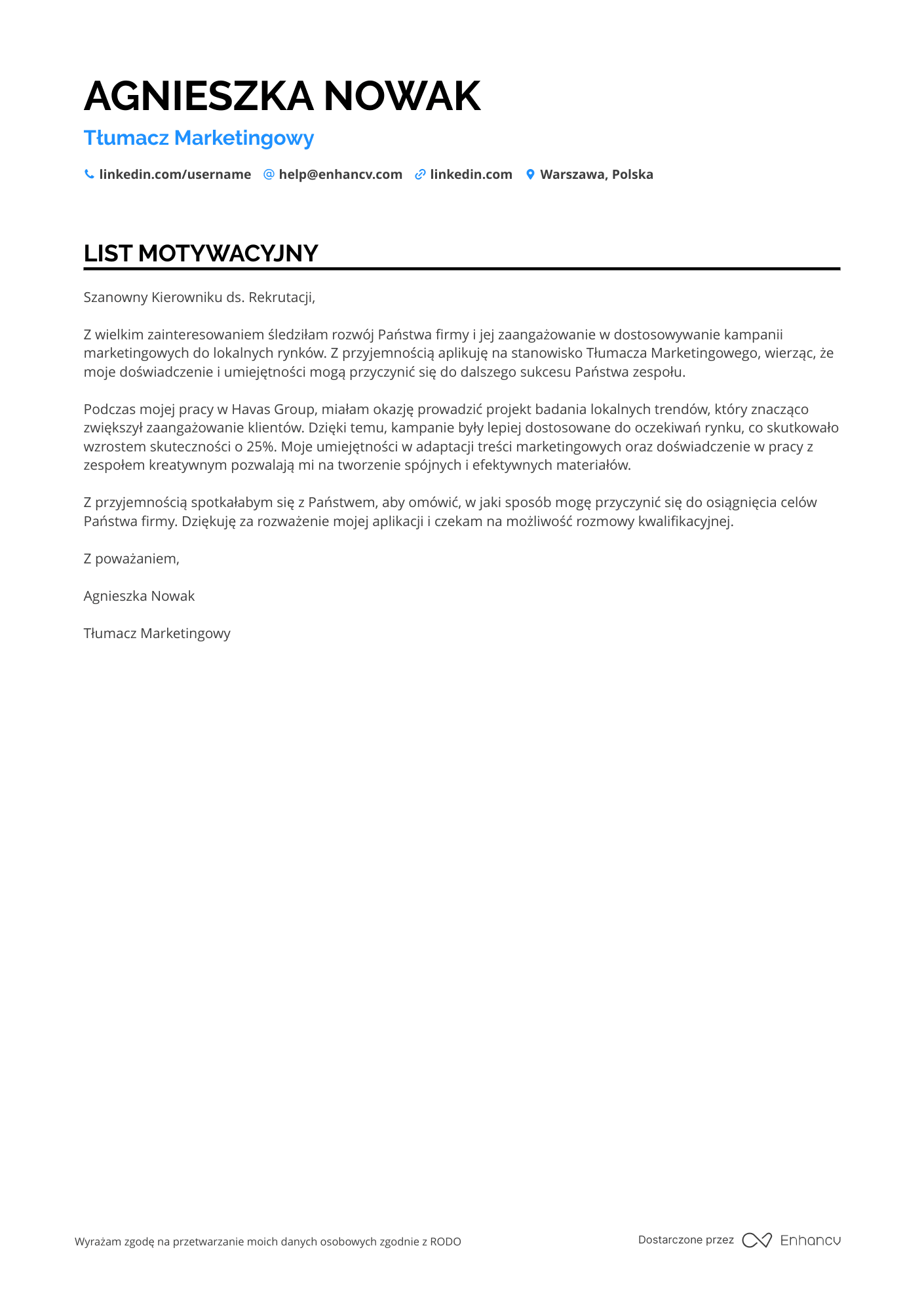 List motywacyjny dla Tłumacz Marketingowy