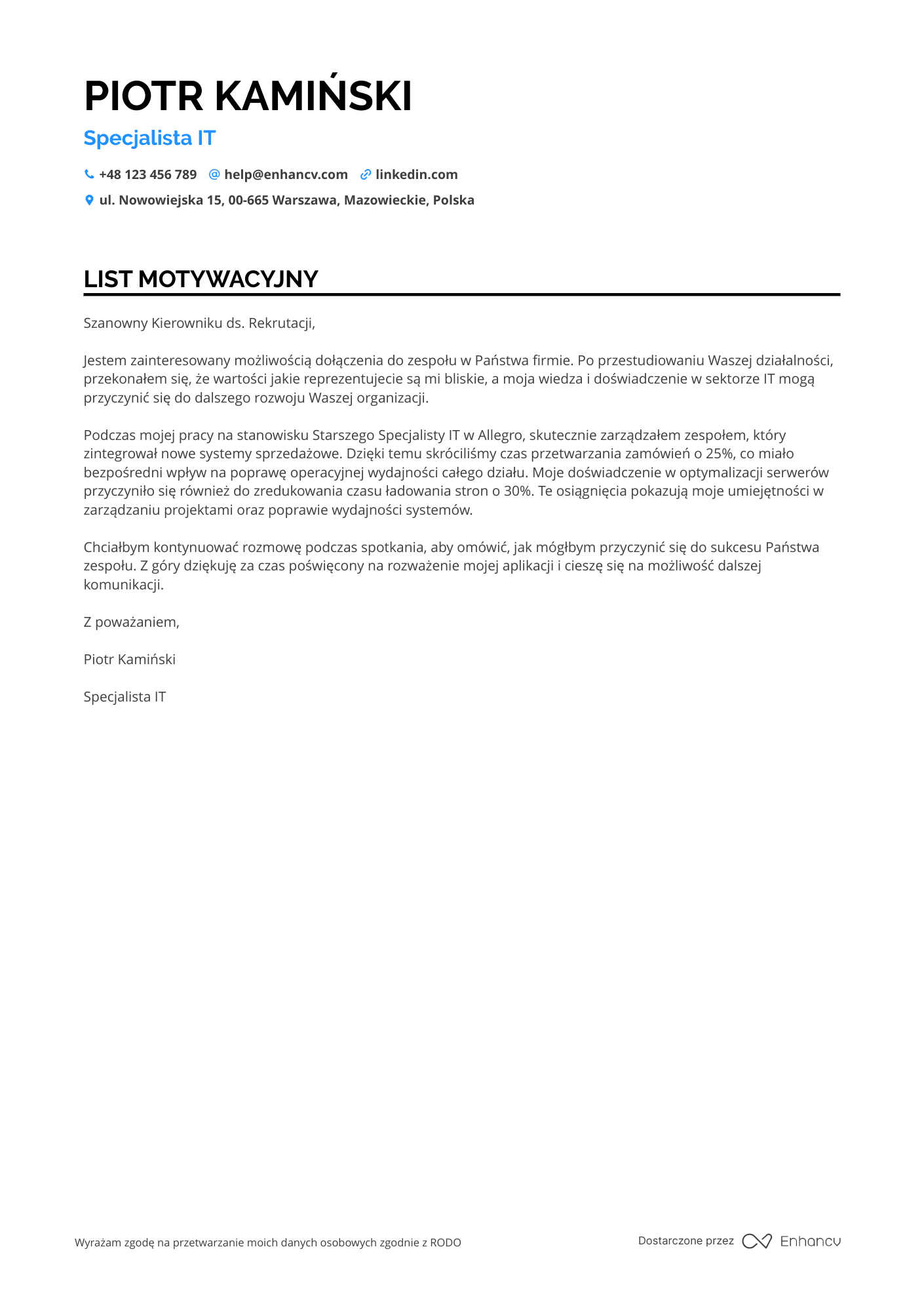 List motywacyjny dla Specjalista IT w Branży E commerce