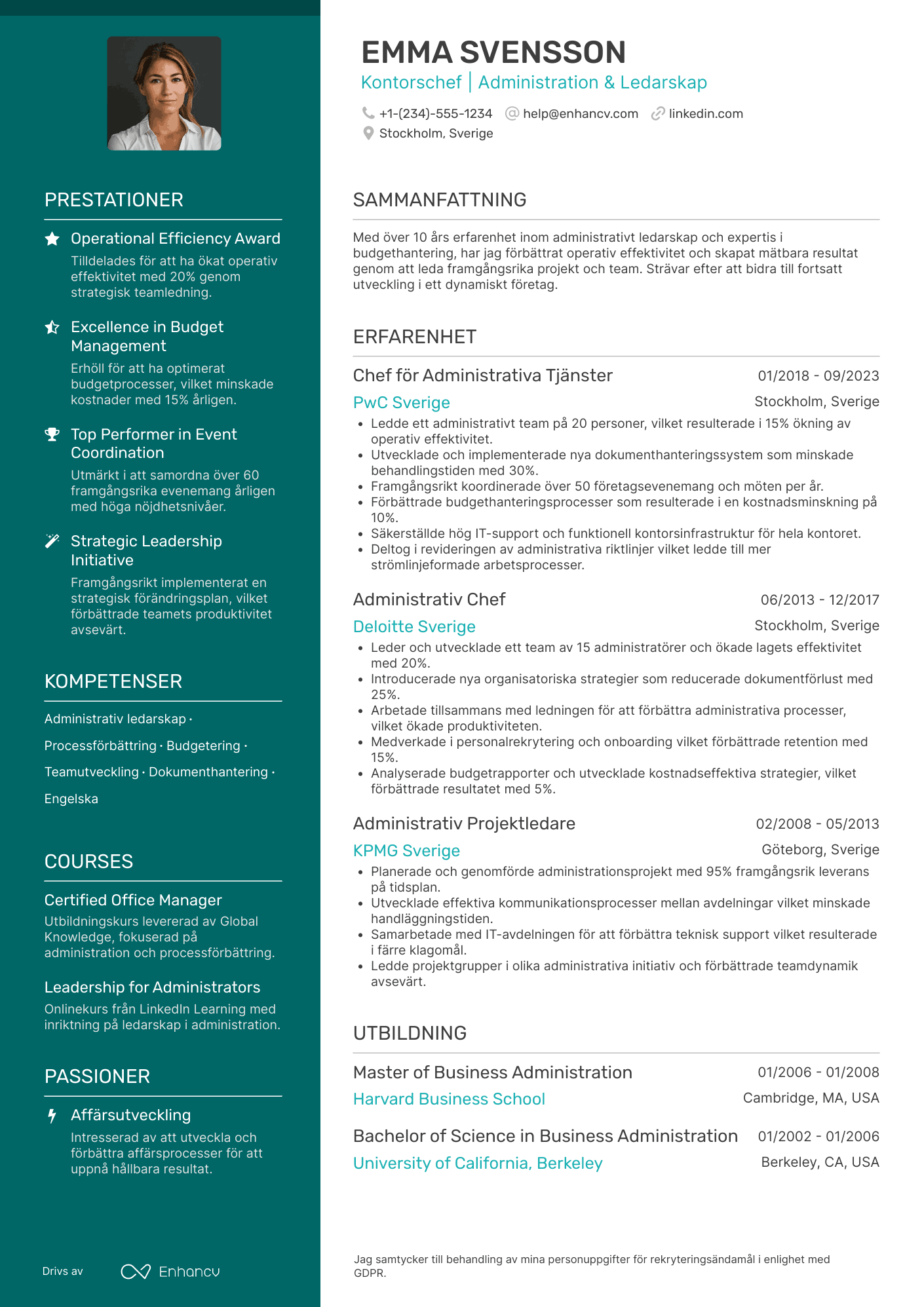CV för Kontorschef Administration