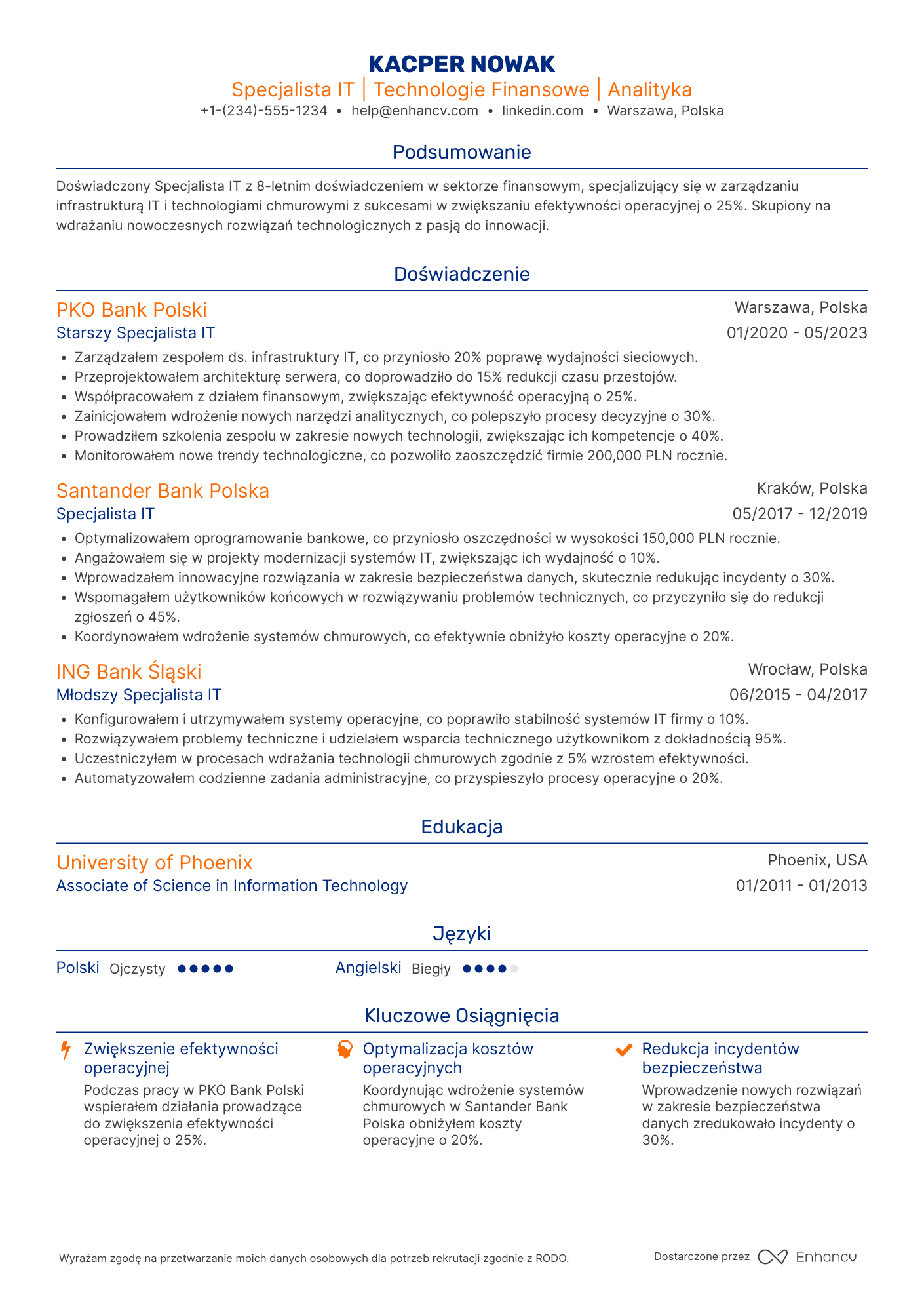 CV dla Specjalista IT w Branży Finansowej