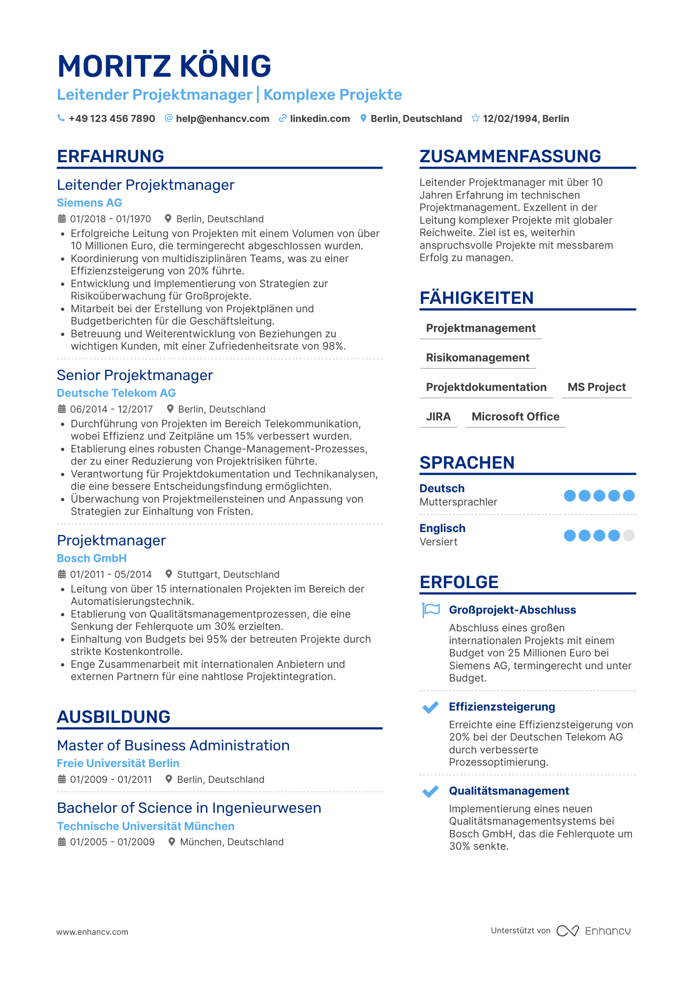 Lebenslauf als Leitender Projektmanager