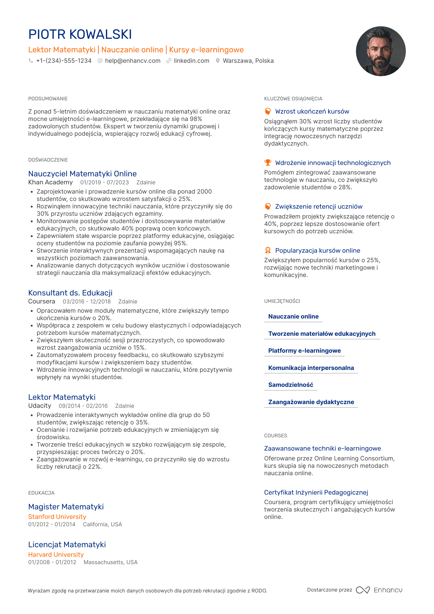 CV dla Lektor Matematyki w Kursach Online