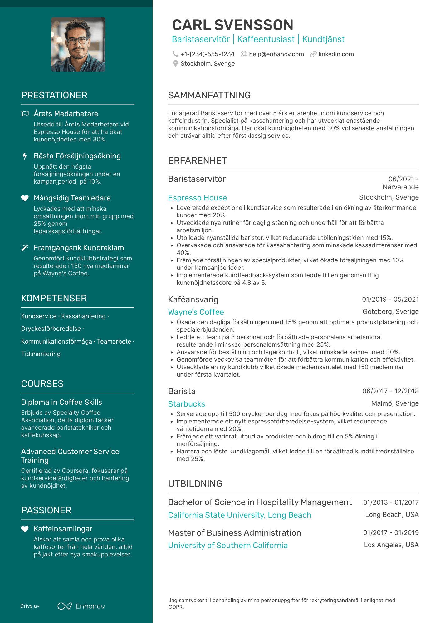 CV för Baristaserbitör