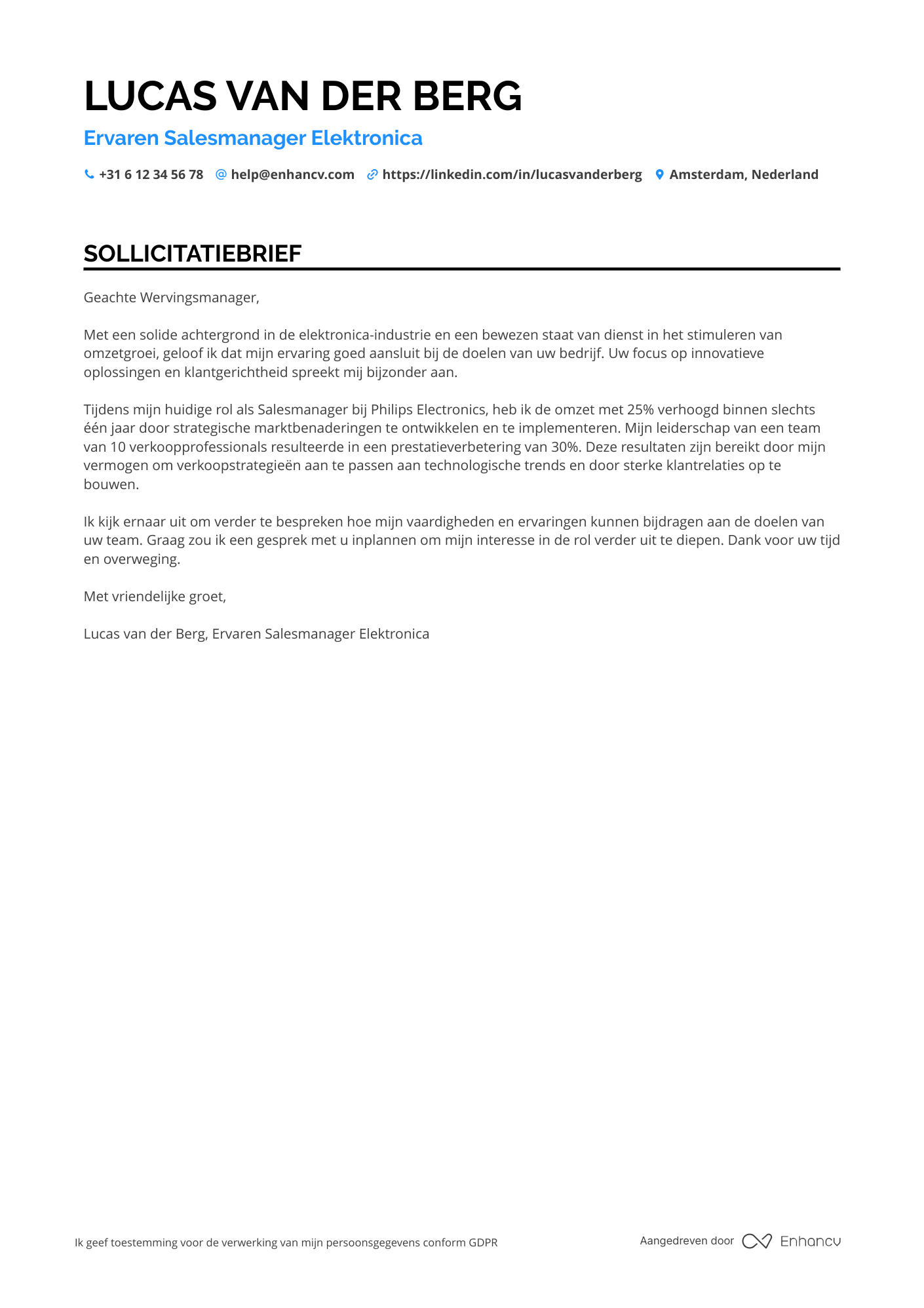 Sollicitatiebrief voor Salesmanager elektronica